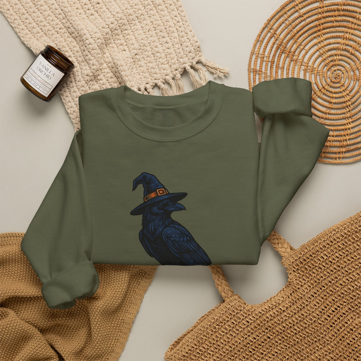 Raven Wizard Hat Sweatshirt Halloween Horror Gift Women Antique Sweatshirt Witch Hat Sweatshirt Spooky Fan Occult Sweatshirt Horror Graphic Ink Fortune Ball