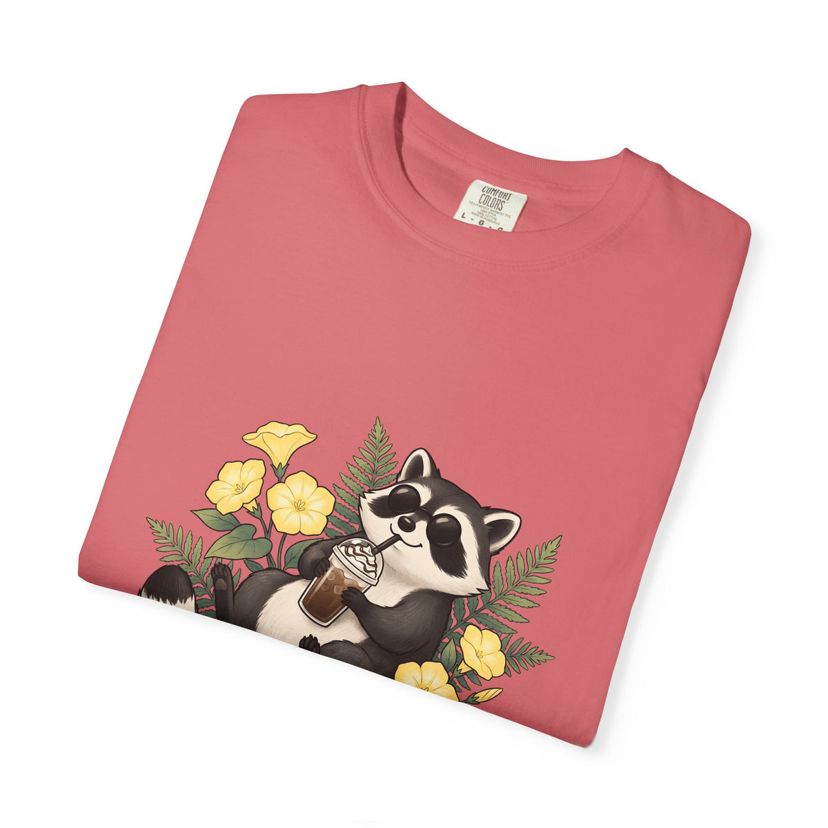 Raccoon Cappuccino T-Shirt Coffee Pet Gift Women Cartoon T-Shirt Cappuccino T-Shirt Coffee Fan Caricature T-Shirt Animal Graphic Outline Florals