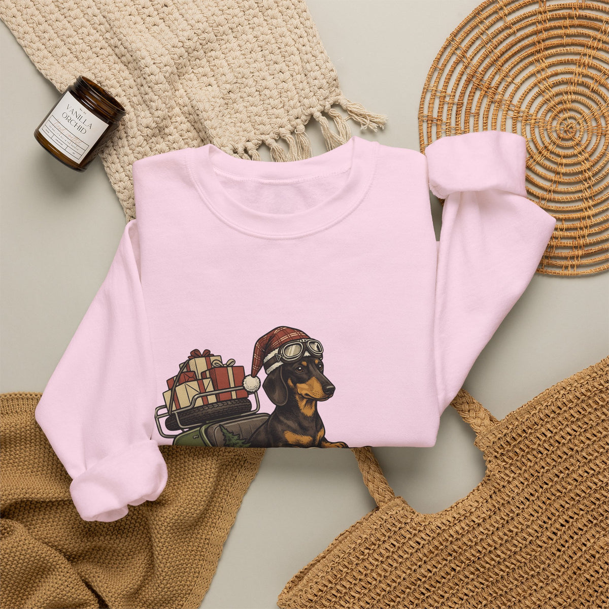 Wiener Dog Sweatshirt Christmas Creatures Gift Women Old School Sweatshirt Dachshund Sweatshirt Holiday Fan Retro Sweatshirt Animal Graphic Doodle Motorbike