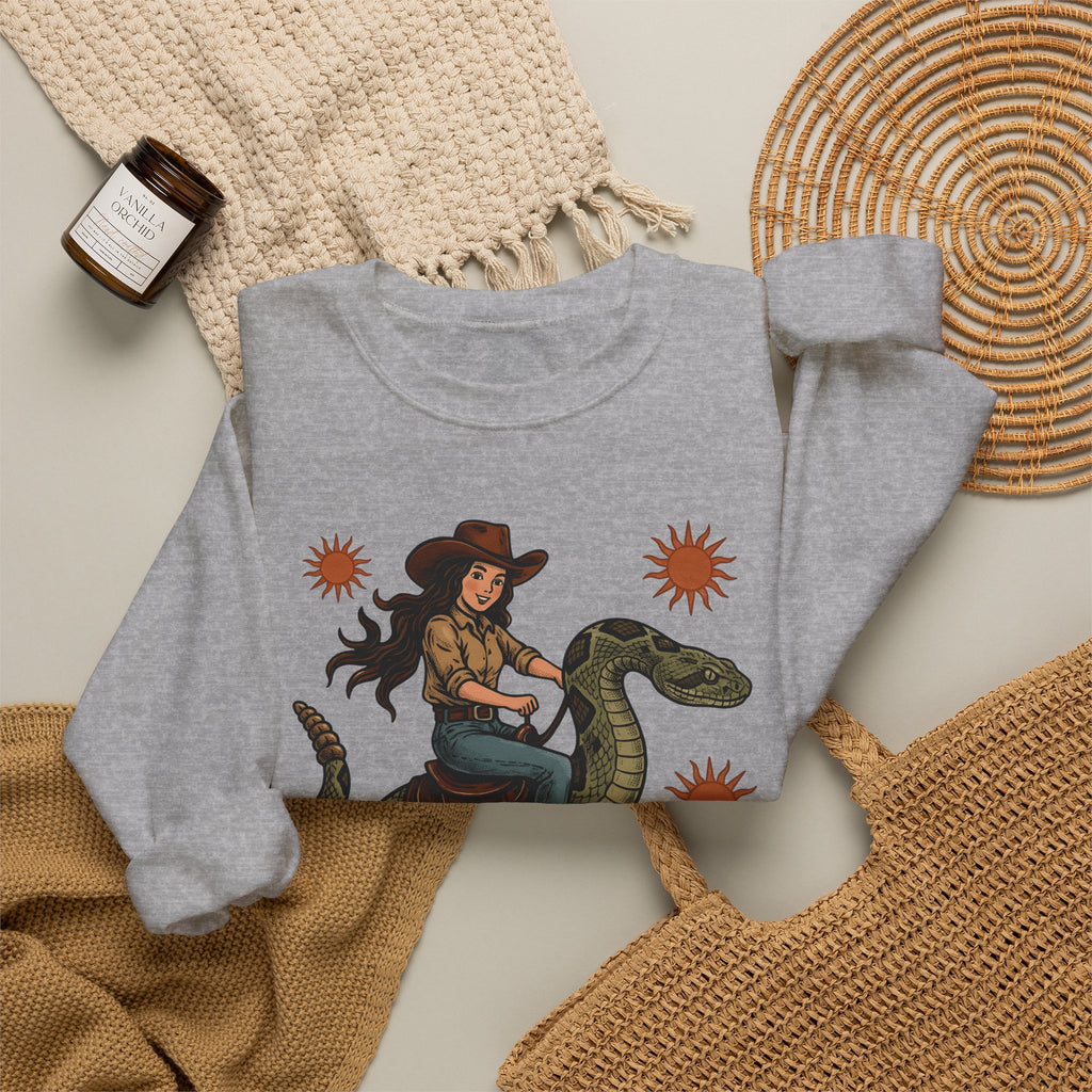 Cowgirl Serpent Sweatshirt Cowgirl Wildlife Gift Women Cowboy Sweatshirt Snake Sweatshirt Rodeo Fan Western Sweatshirt Animal Graphic Retro Sunshine Sweatshirt
