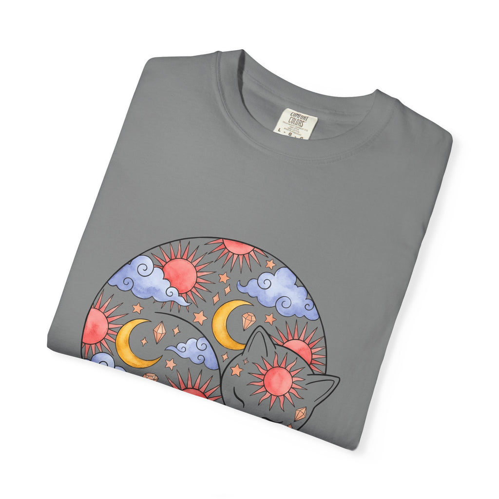 Space Cat T-Shirt Cat Constellation Gift Women Earthy T-Shirt Kitty T-Shirt Cat Fan Feline T-Shirt Galaxy Graphic Pigment Orb T-Shirt