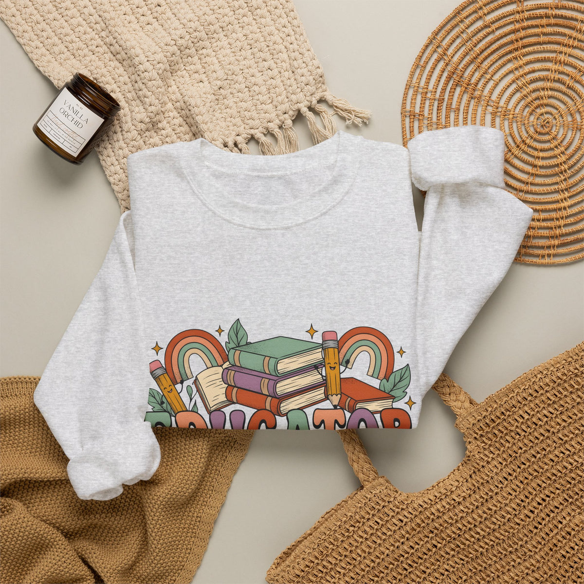 Books Pencils Sweatshirt Teacher School Gift Women Cartoon Sweatshirt Stationery Sweatshirt Educator Enthusiast Comic Sweatshirt Classroom Graphic Retro