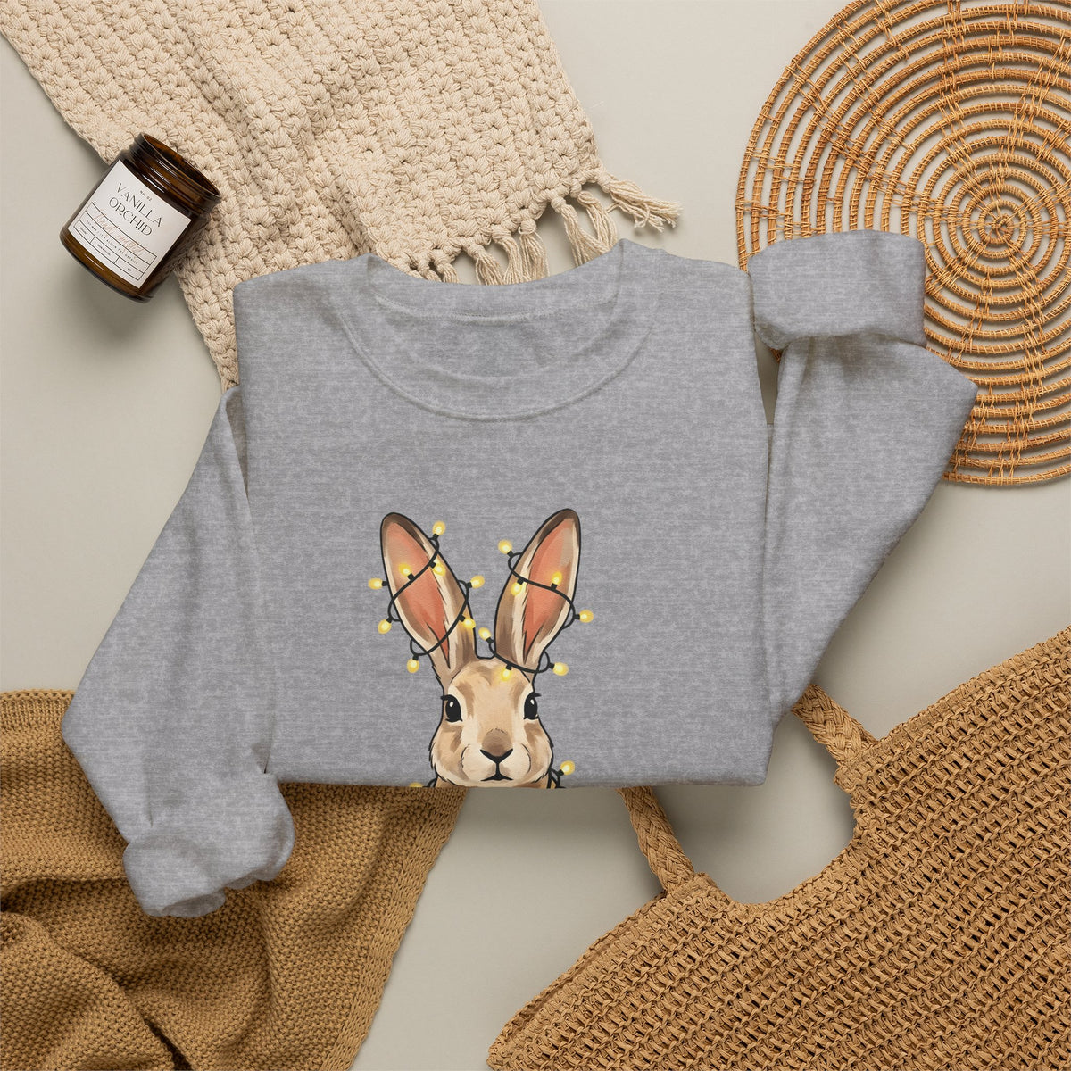Bunny Sweatshirt Animals Holiday Gift Women Cute Sweatshirt Rabbit Sweatshirt Pet Fan Cute Sweatshirt Christmas Graphic Hand Drawn String Lights Sweatshirt