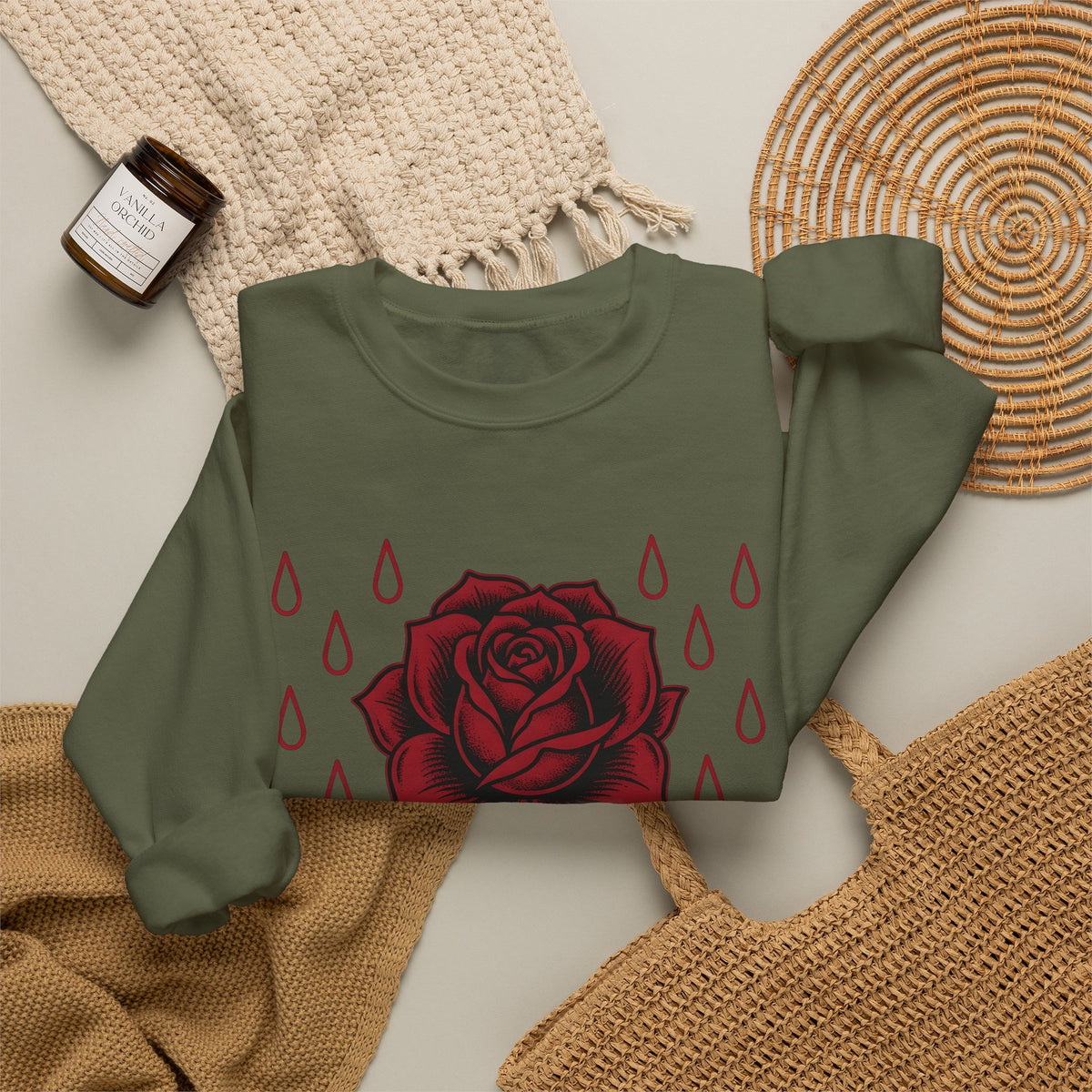Rose Flower Cowgirl Floral Gift Tattoo Flower Rodeo Fan Ink Floral Vintage Raindrops Sweatshirt