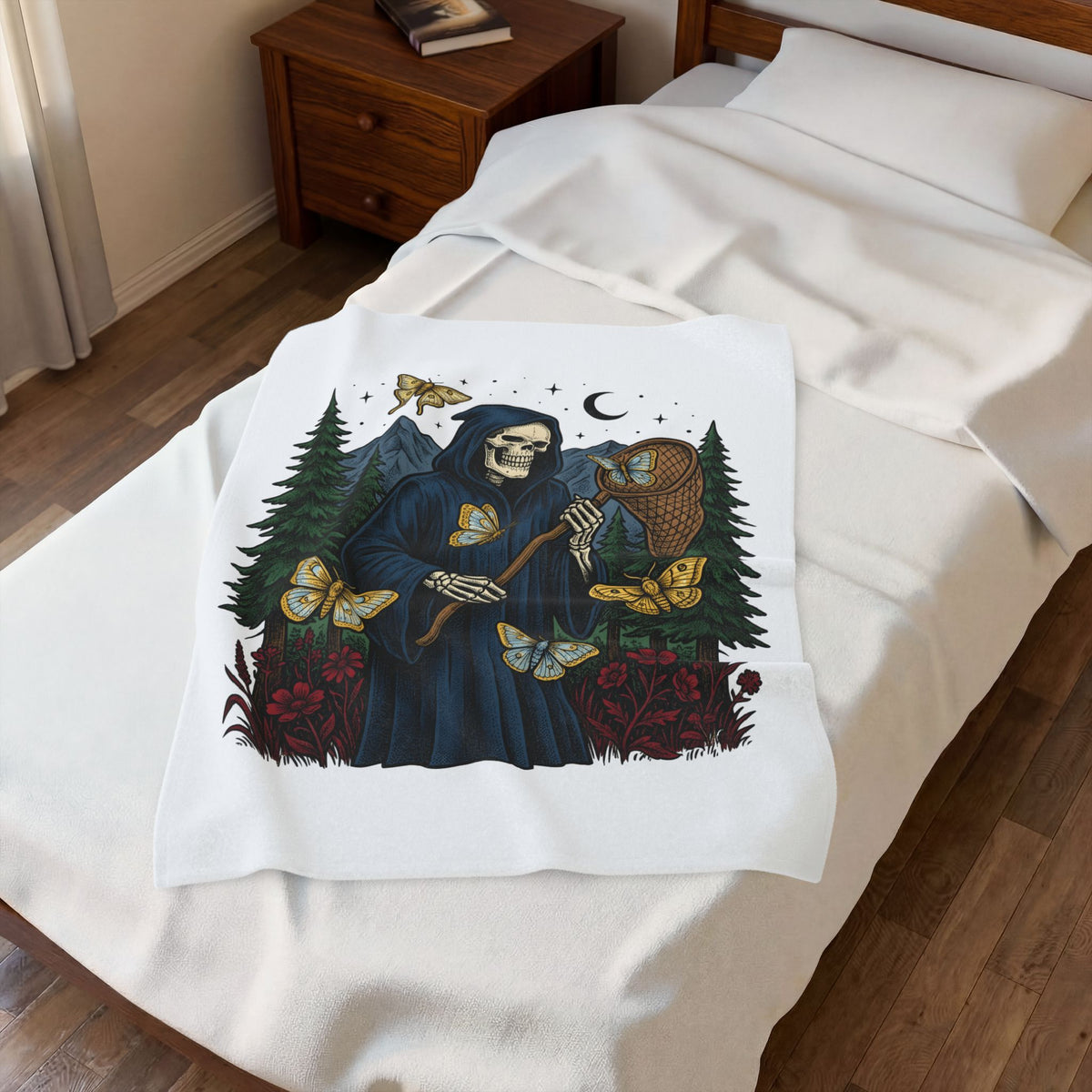 Grim Reaper Blanket Gothic Nature Gift Women Vintage Blanket Death Blanket Dark Fan Retro Blanket Environmental Graphic Hand Drawn Butterfly Blanket
