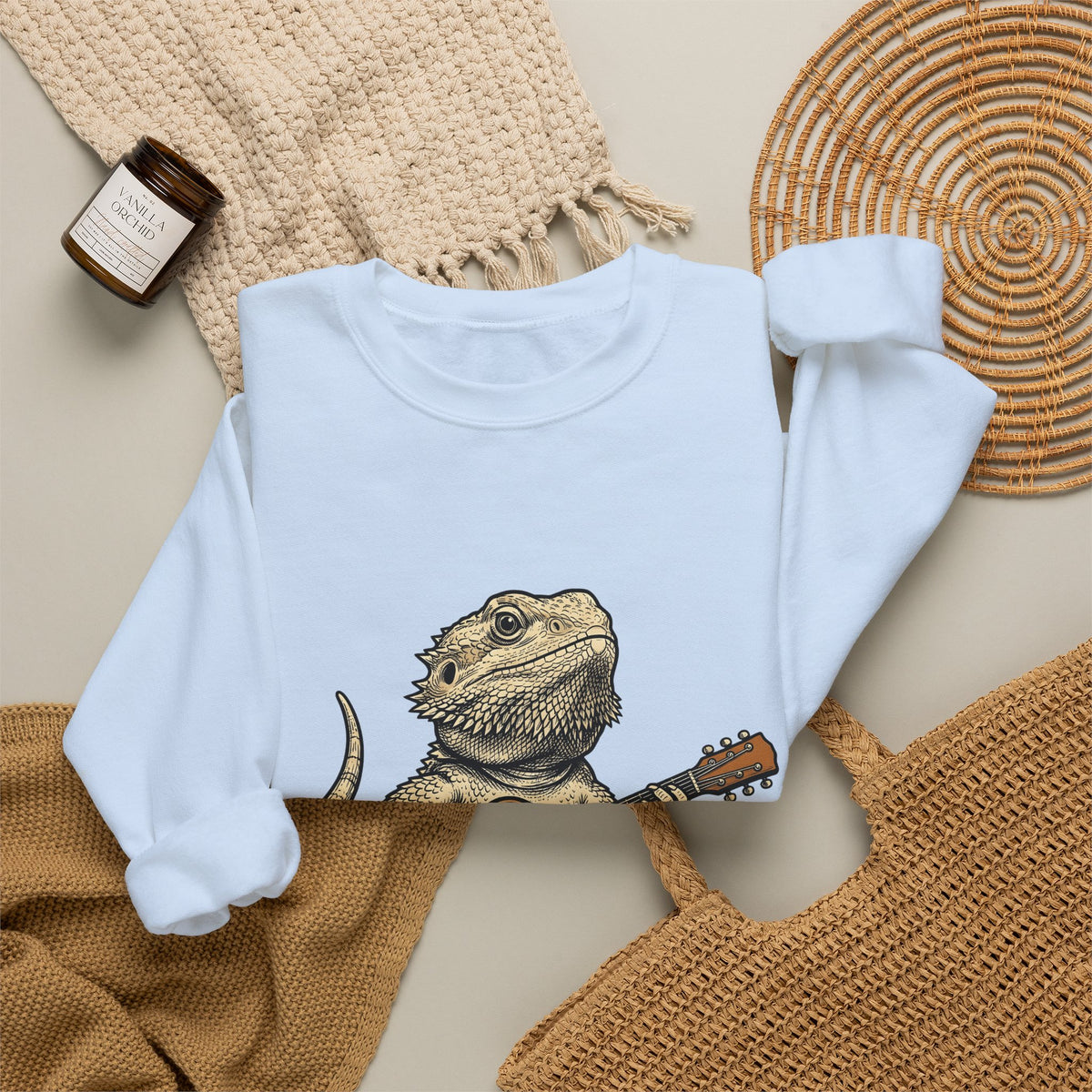 Bearded Lizard Guitar Sweatshirt Boho Chic Gear Gift Women Cartoon Sweatshirt Bearded Dragon Sweatshirt Bohemian Fan Comic Sweatshirt Equipment Graphic Hand