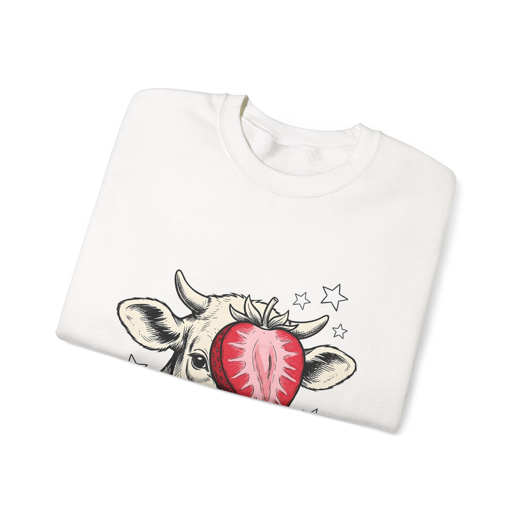 Cow Strawberry Sweatshirt Cute Animal Gift Women Hand Drawn Sweatshirt Cow Sweatshirt Adorable Fan Illustrated Sweatshirt Creature Graphic Whimsical Stars
