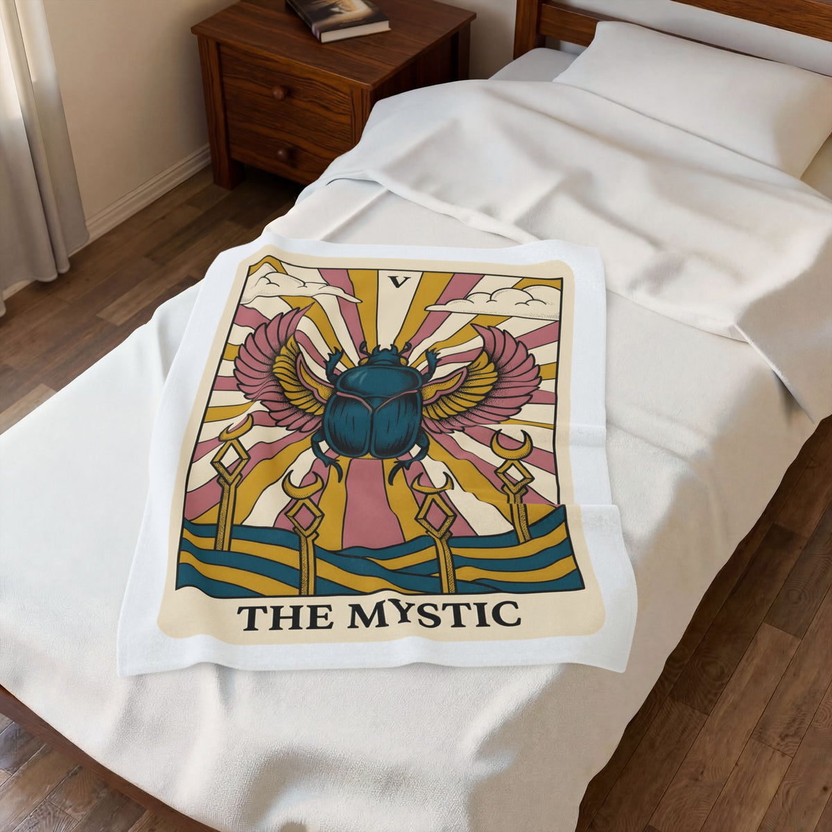 Beetle Blanket Boho Chic Esoteric Gift Women Divination Card Blanket Bug Blanket Bohemian Fan Tarot Blanket Mystical Graphic Hand Drawn Crescent