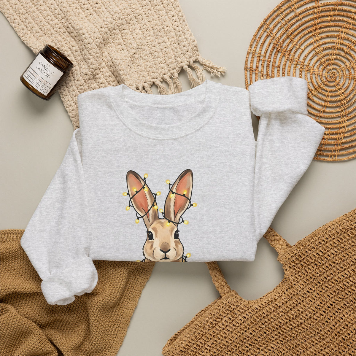 Bunny Sweatshirt Animals Holiday Gift Women Cute Sweatshirt Rabbit Sweatshirt Pet Fan Cute Sweatshirt Christmas Graphic Hand Drawn String Lights Sweatshirt