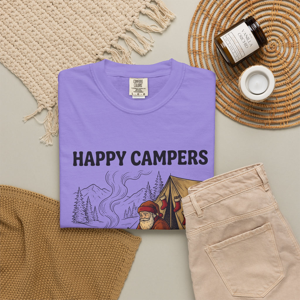 Santa Campfire T-Shirt Christmas Hiking Gift Women Rustic T-Shirt Krampus T-Shirt Xmas Fan Holiday Trek Graphic T-Shirt Line Art Camping Tent