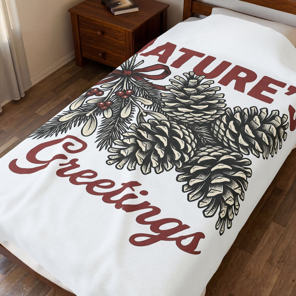 Pinecone Twig Blanket Christmas Outdoors Gift Women Retro Blanket Branch Blanket Xmas Fan Evergreen Graphic Blanket Sketch Ribbon Blanket