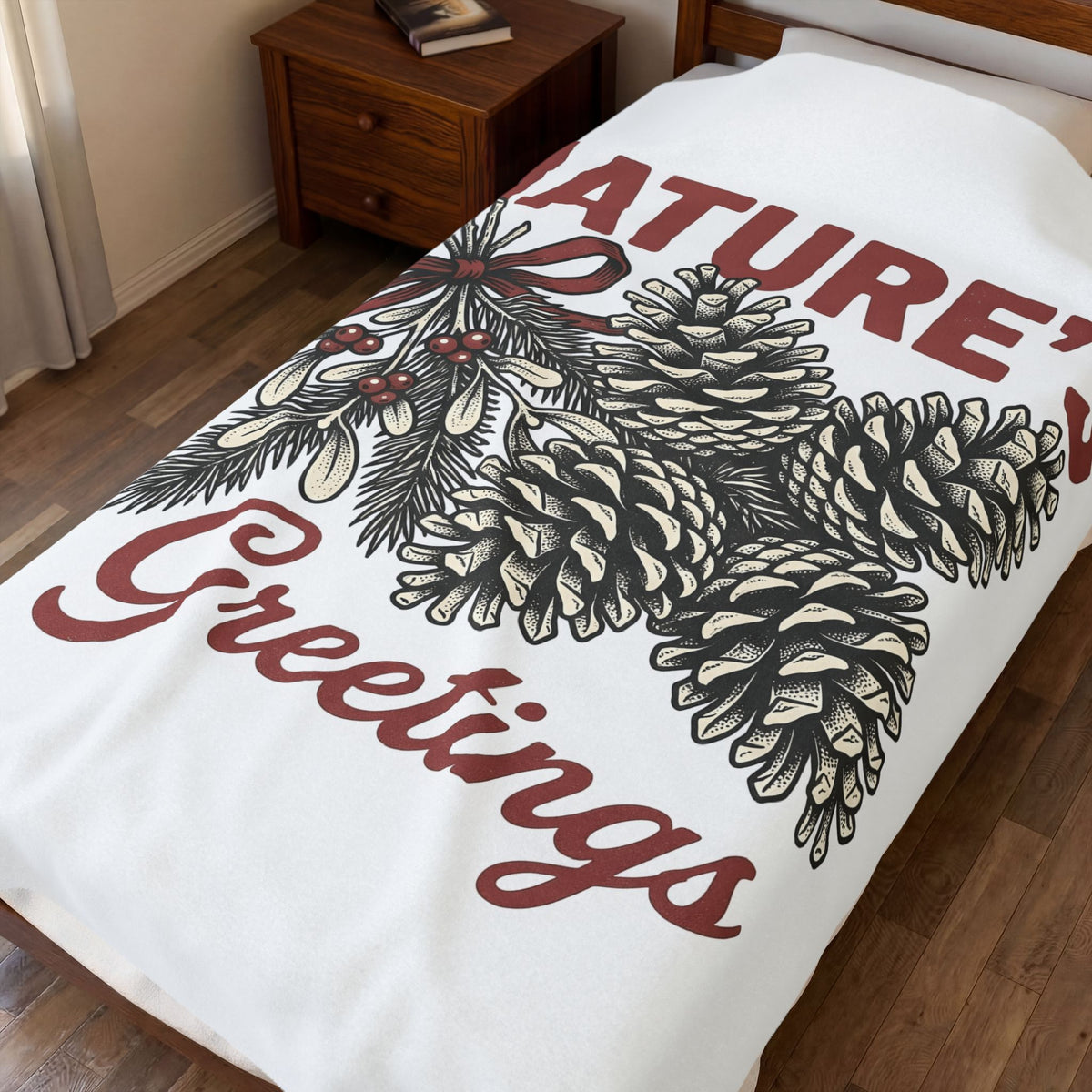 Pinecone Twig Blanket Christmas Outdoors Gift Women Retro Blanket Branch Blanket Xmas Fan Evergreen Graphic Blanket Sketch Ribbon Blanket