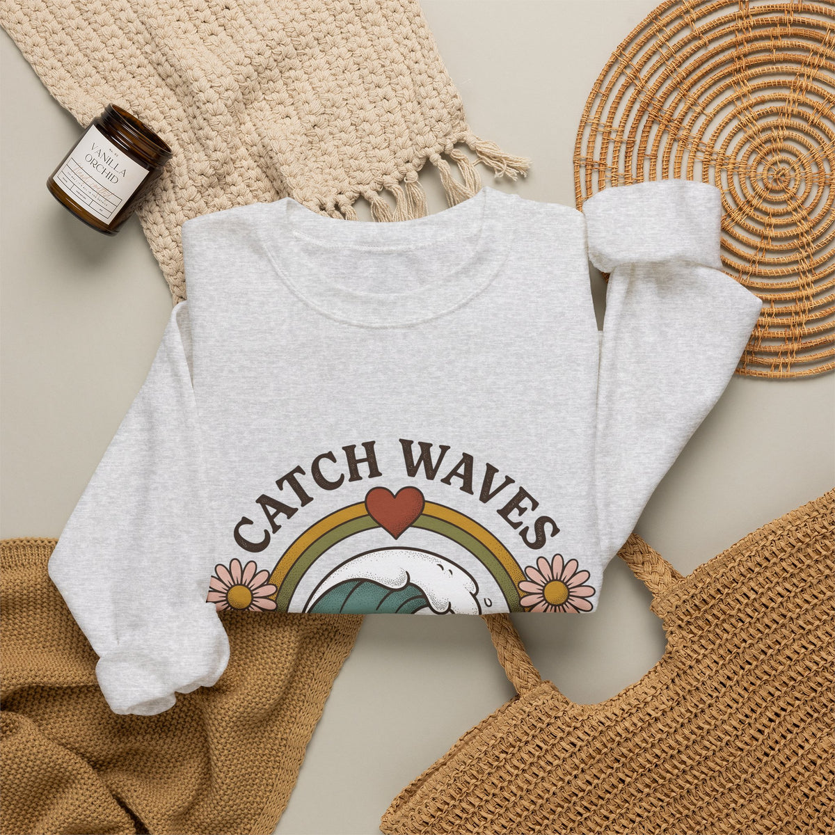 Happy Wave Sweatshirt Sports Beach Gift Women Vintage Sweatshirt Wave Sweatshirt Athlete Fan Surf Graphic Sweatshirt Hand Drawn Wildflowers Sweatshirt