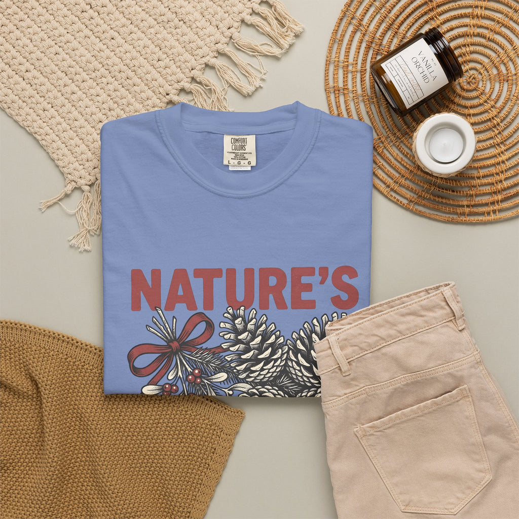 Pinecone Twig T-Shirt Christmas Outdoors Gift Women Retro T-Shirt Branch T-Shirt Xmas Fan Evergreen Graphic T-Shirt Sketch Ribbon T-Shirt
