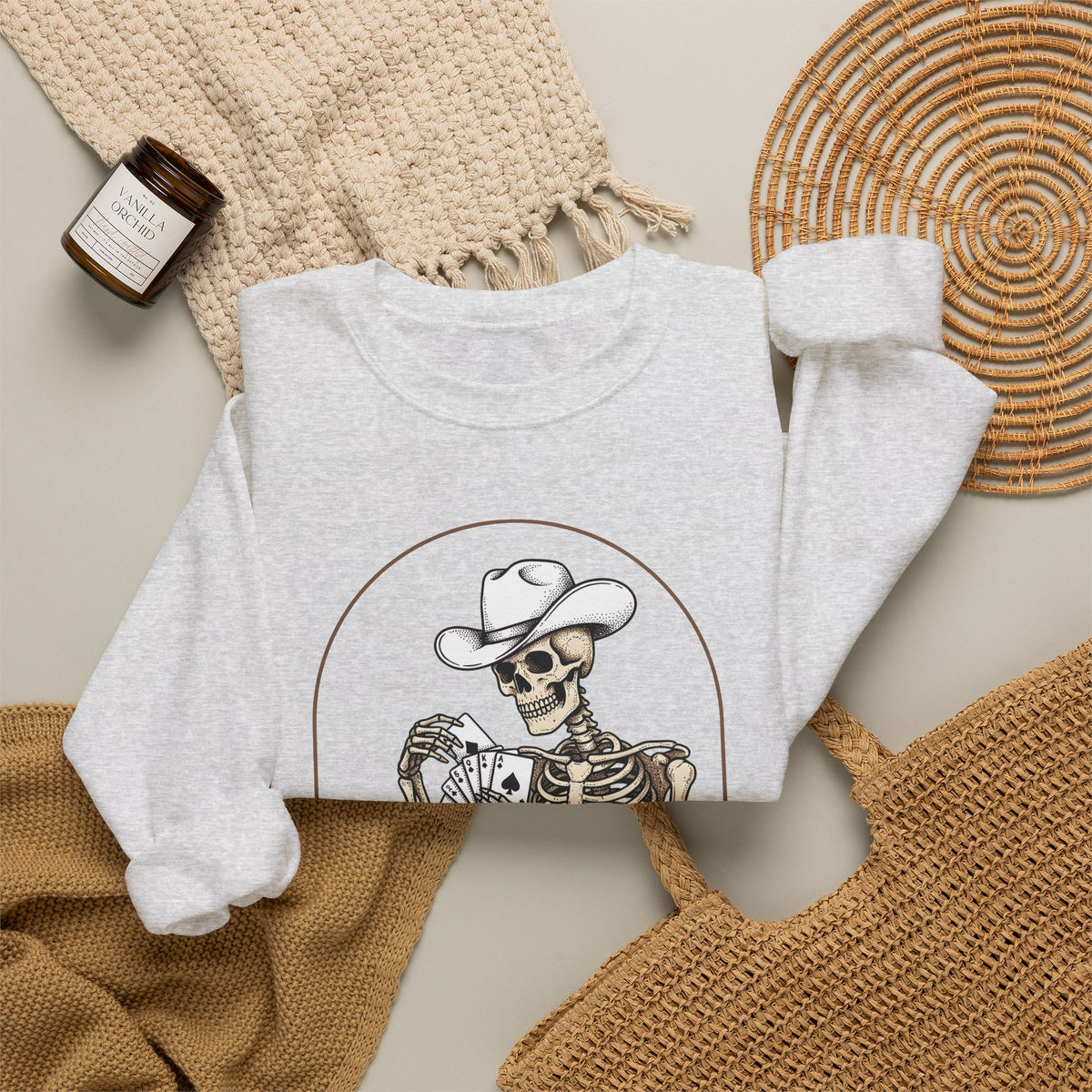 Skeleton Rancher Sweatshirt Halloween Cowboy Gear Gift Women Shabby Chic Sweatshirt Skeleton Sweatshirt Horror Fan Distressed Graphic Sweatshirt Doodle Card