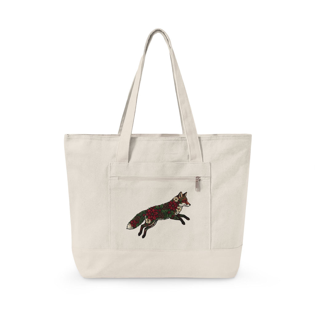 Fox Flower Holiday Winter Gift Floral Flower Christmas Fan Floral Snowflake Retro Pine Cone Tote Bag