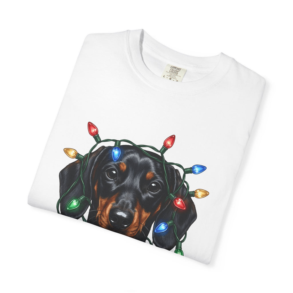 Dachshund Dog T-Shirt Dog Holiday Gift Women Realistic T-Shirt Wiener Dog T-Shirt Dog Fan Photorealistic T-Shirt Christmas Graphic Hand Drawn