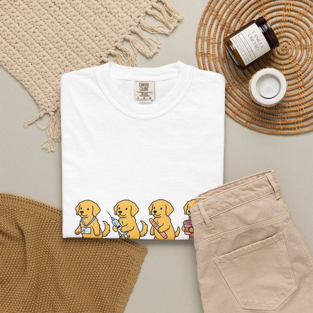 Golden Retriever Dog T-Shirt Nurses Animal Gift Women Cartoon T-Shirt Retriever T-Shirt Nurse Enthusiast Caricature T-Shirt Pet Graphic Doodle