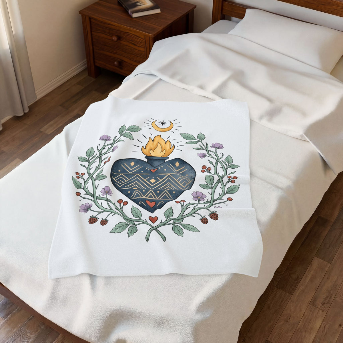 Sacred Heart Blanket Boho Chic Spiritual Gift Women Folk Art Blanket Heart Blanket Hippie Enthusiast Primitive Blanket Mystical Graphic Vintage