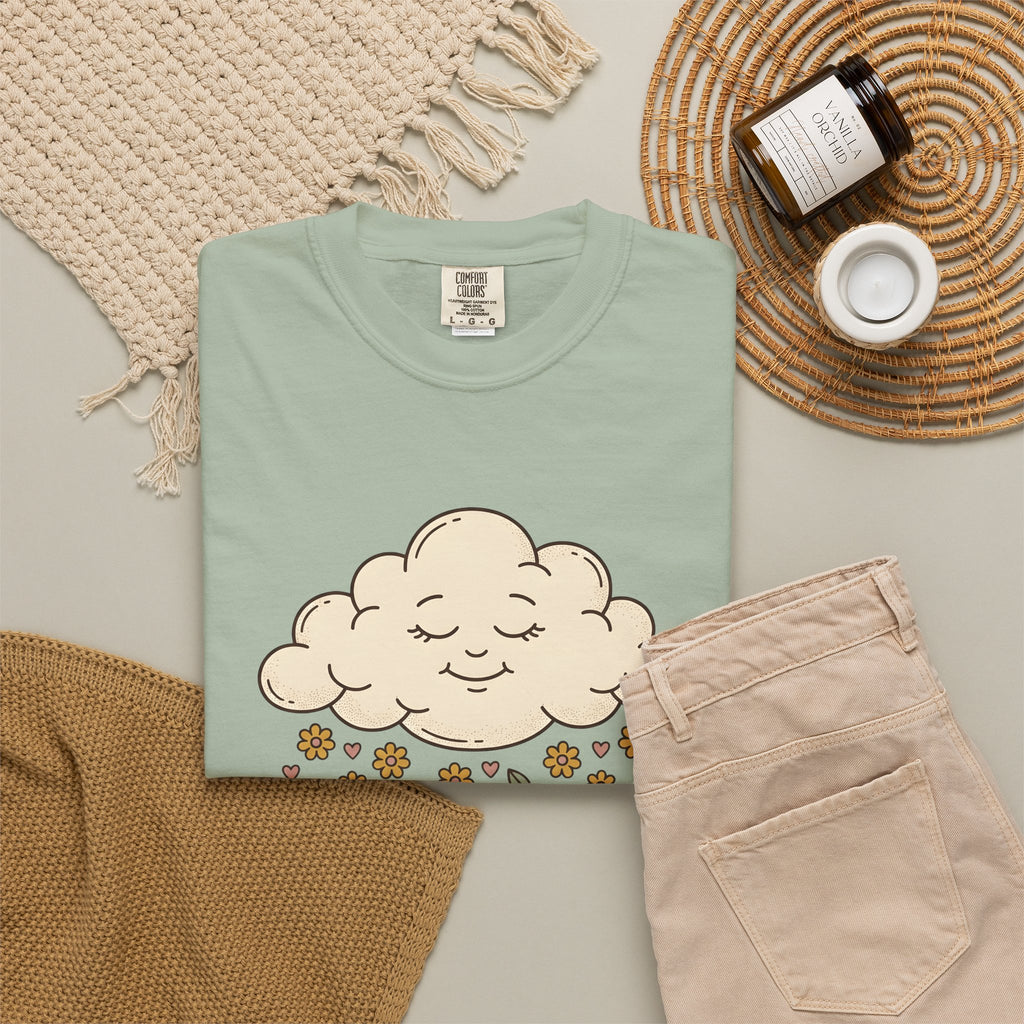 Joyful Cloud T-Shirt Boho Chic Encouragement Gift Women Cartoon T-Shirt Cloud T-Shirt Bohemian Fan Illustrated Graphic T-Shirt Hand Drawn Bloom