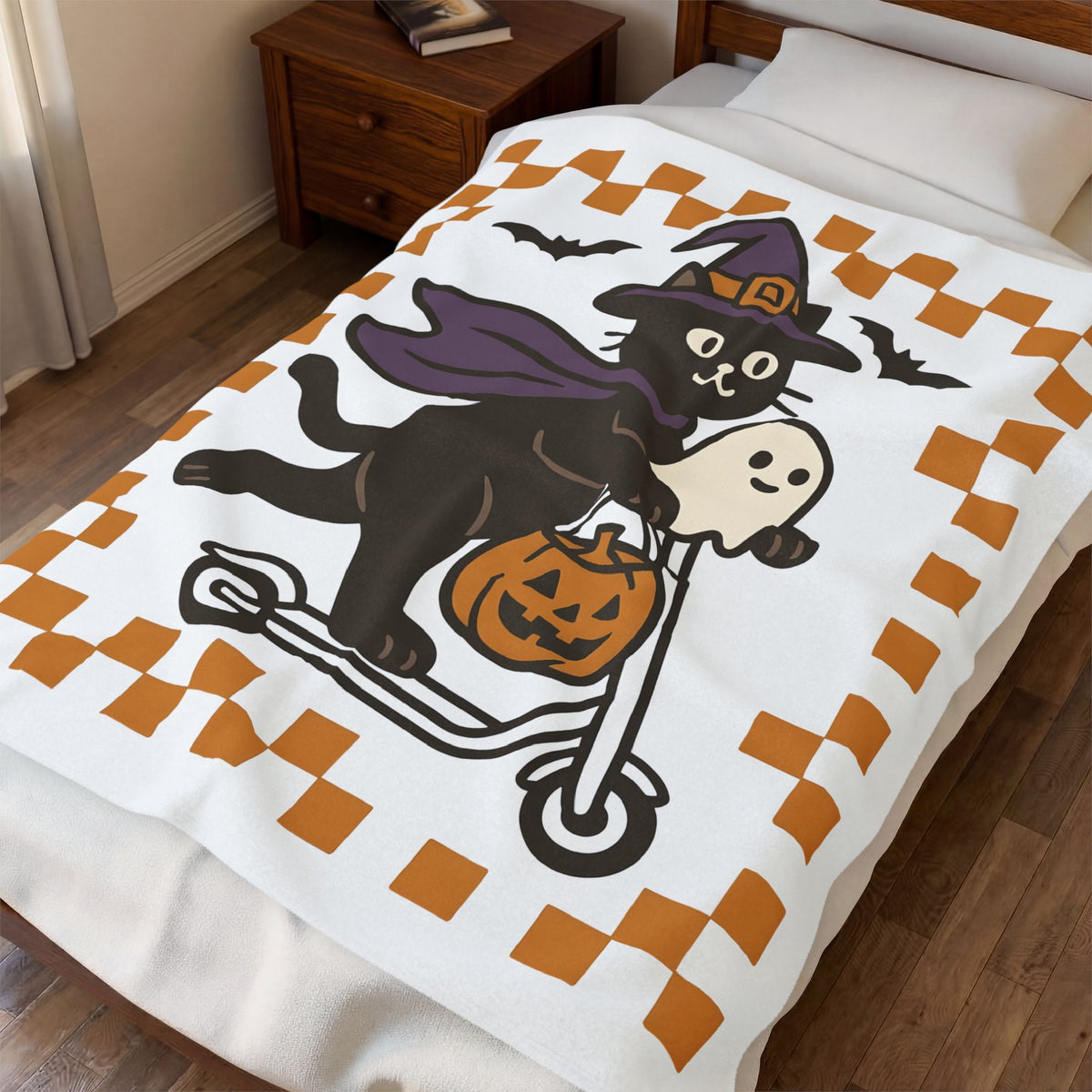 Witch Kitty Design Blanket Cat Holiday Gift Women Cute Blanket Cat Lady Blanket Feline Fan Kawaii Blanket Halloween Graphic Vintage Jack-O-Lantern