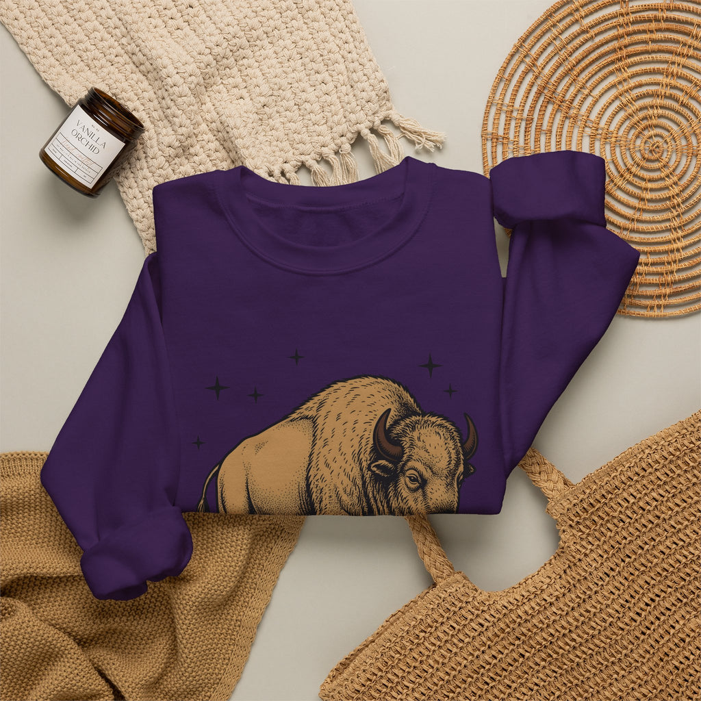Buffalo Art Sweatshirt Animal Environment Gift Women Rustic Sweatshirt Bison Sweatshirt Wildlife Fan Primitive Sweatshirt Eco Graphic Line Art Star Symbols