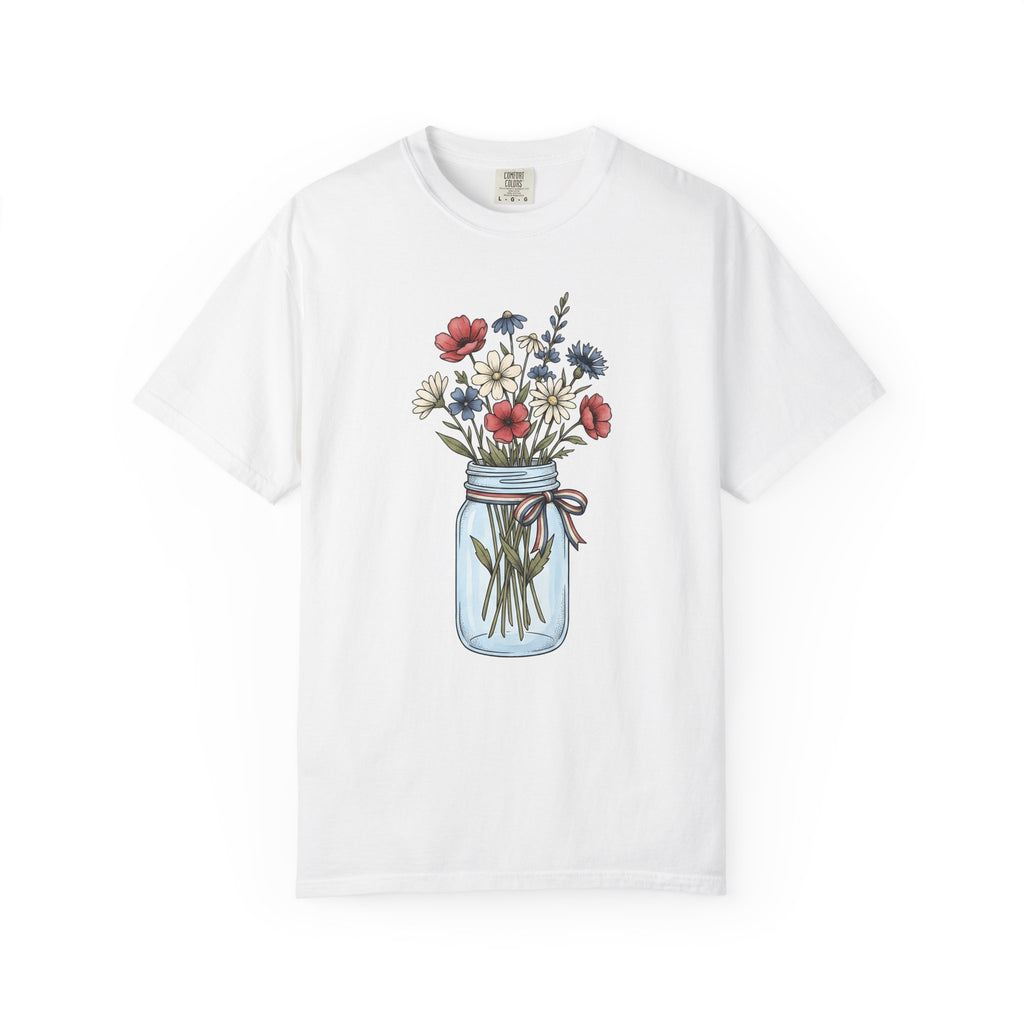 Mason Jar Flowers T-Shirt 4th Of July Floral Gift Women Hand Drawn T-Shirt Flower Arrangement T-Shirt Independence Day Fan Floral Graphic T-Shirt