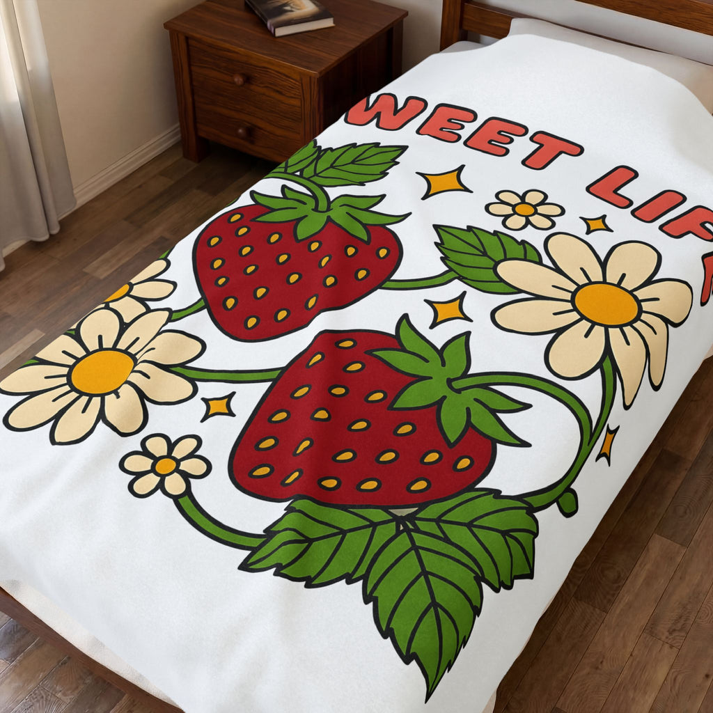 Strawberry Flower Boho Chic Produce Gift Strawberry Hippie Fan Illustrated Fruit Vintage Blanket