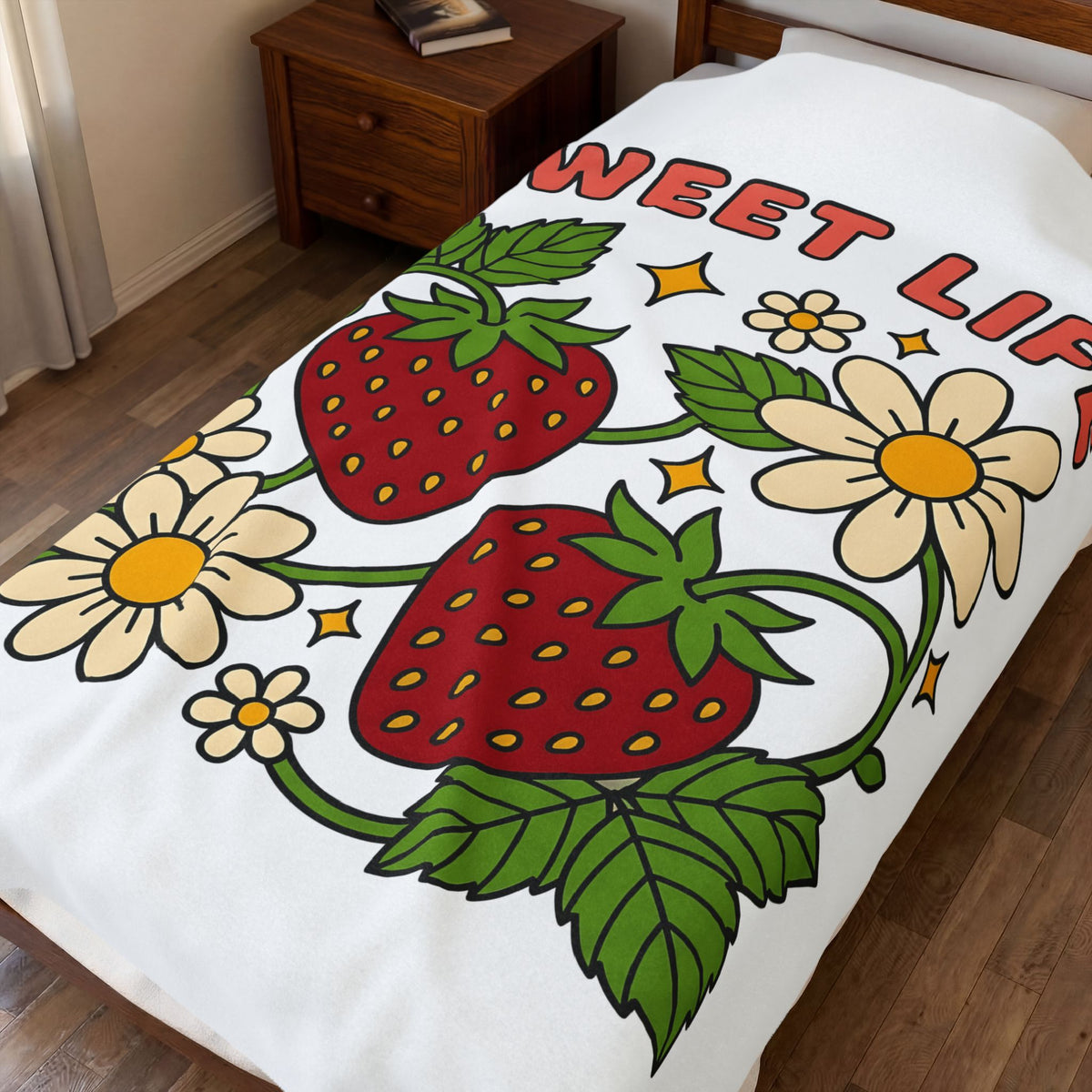 Strawberry Flower Boho Chic Produce Gift Strawberry Hippie Fan Illustrated Fruit Vintage Blanket