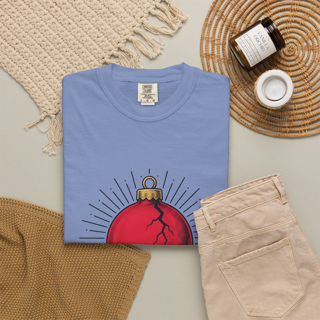 Fractured Ornament T-Shirt Christmas Satire Gift Women Hand Drawn T-Shirt Broken Bauble T-Shirt Xmas Fan Hand Drawn T-Shirt Sarcastic Graphic Old
