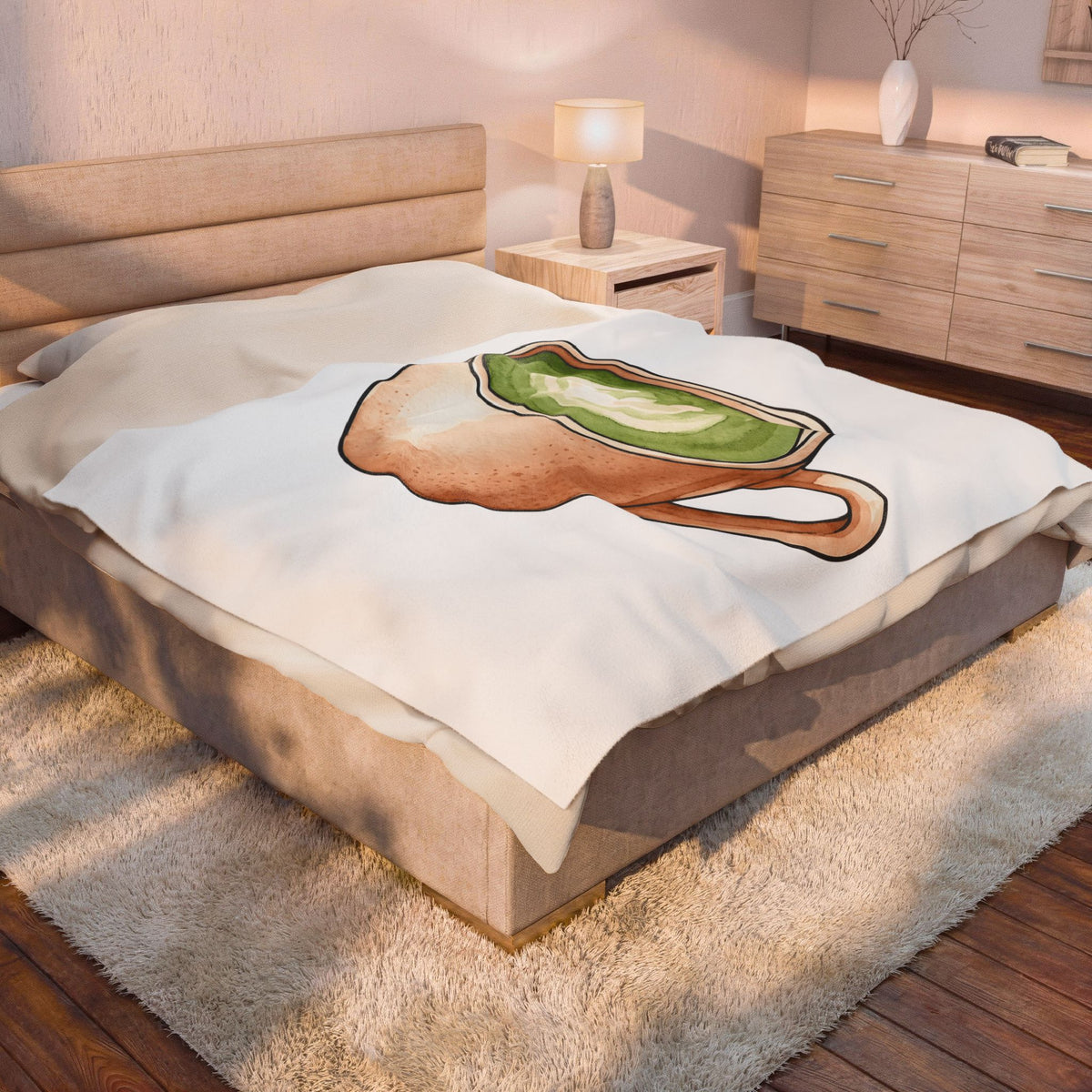Matcha Tea Blanket Drinks Cuisine Gift Women Hand Painted Blanket Green Tea Blanket Beverage Fan Watercolor Blanket Food Graphic Simple Coffee Art