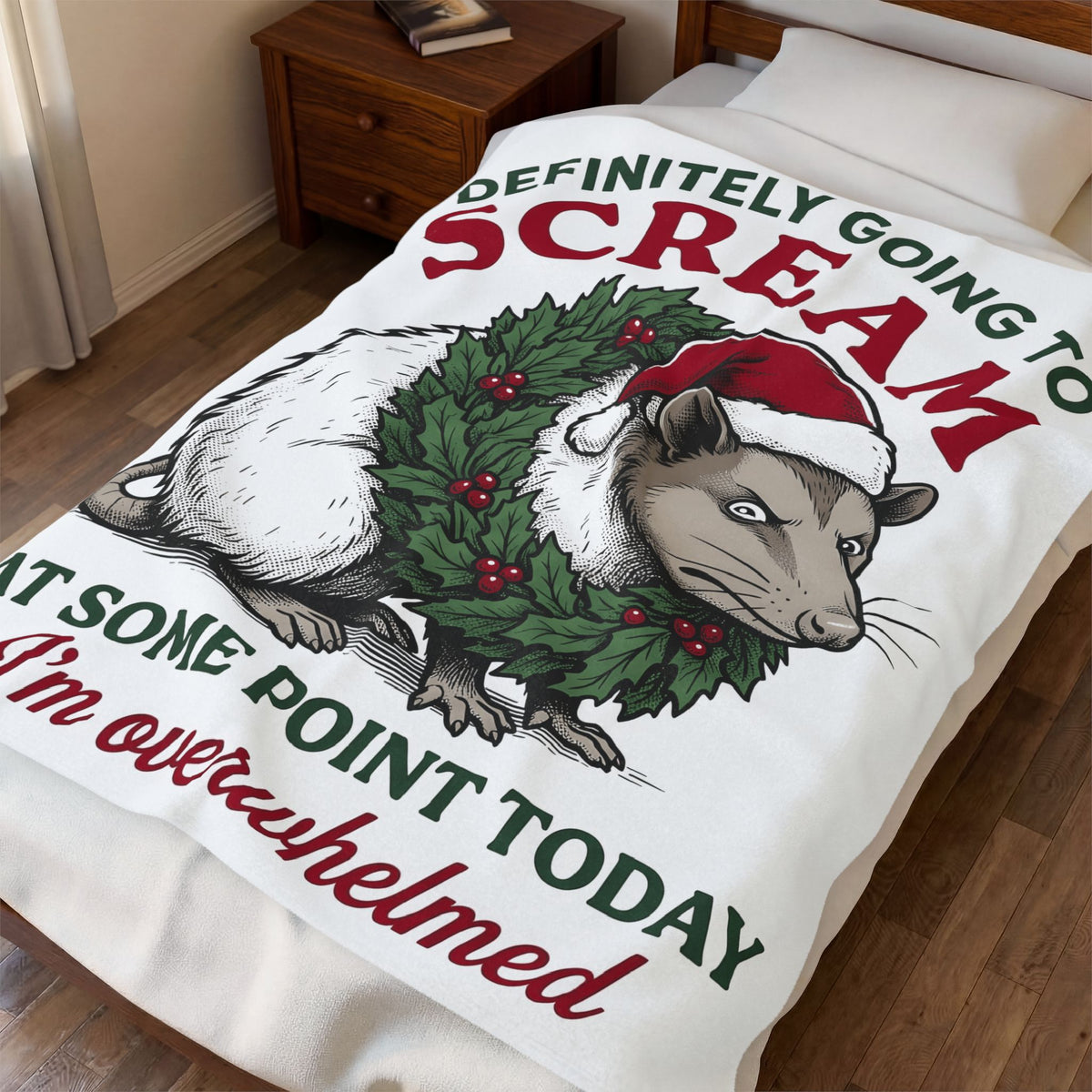Possum Holiday Hat Blanket Funny Critter Gift Women Sketch Blanket Opossum Blanket Humor Fan Doodle Blanket Animal Graphic Line Art Xmas Wreath