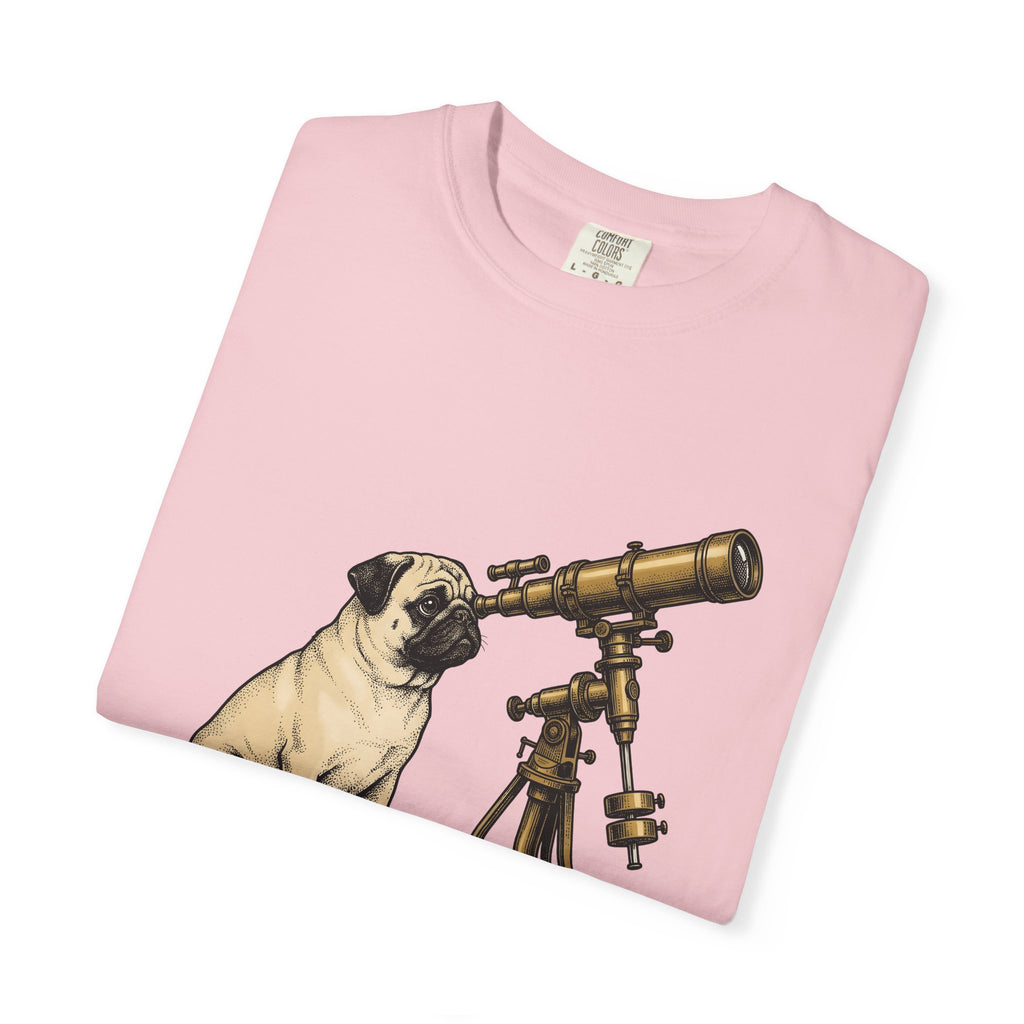 Pug Puppy T-Shirt Dog Space Gift Women Retro T-Shirt Puppy T-Shirt Dog Fan Canine T-Shirt Vintage Graphic Astronomy Illustration Sketch Binoculars