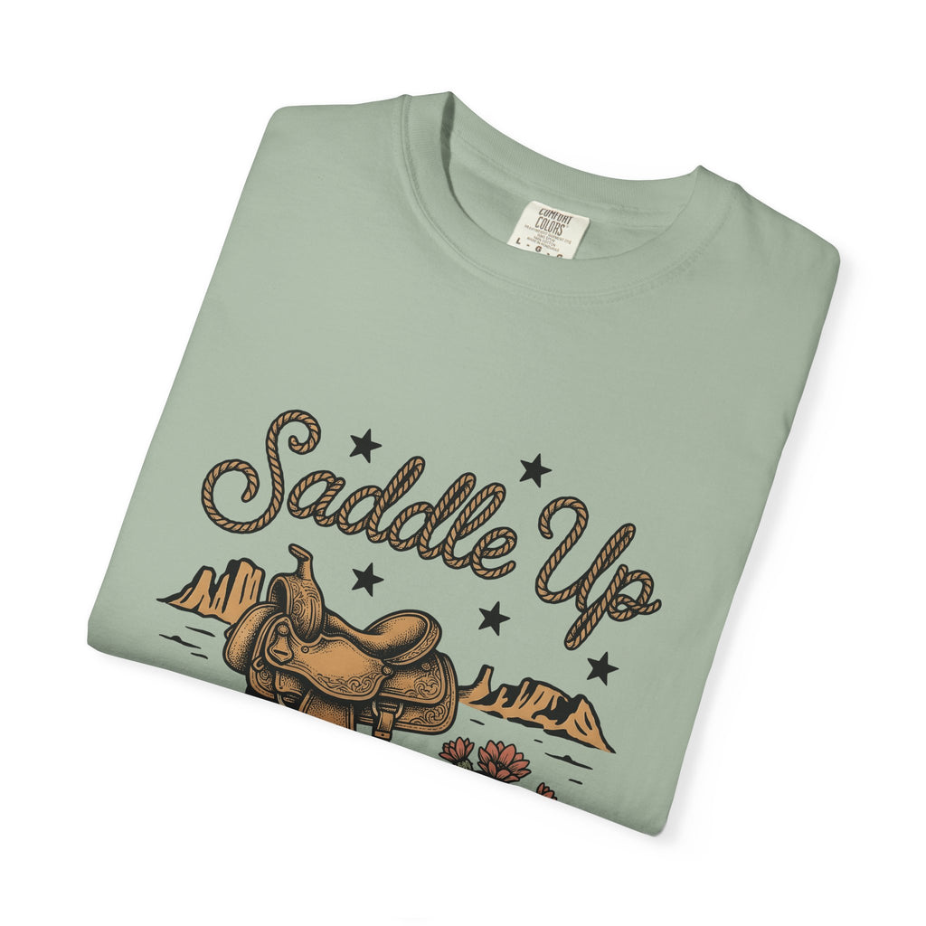 Leather Saddle T-Shirt Cowgirl Ranch Gift Women Distressed T-Shirt Saddle T-Shirt Cowboy Fan Saddlery T-Shirt Farm Graphic Line Art Succulent