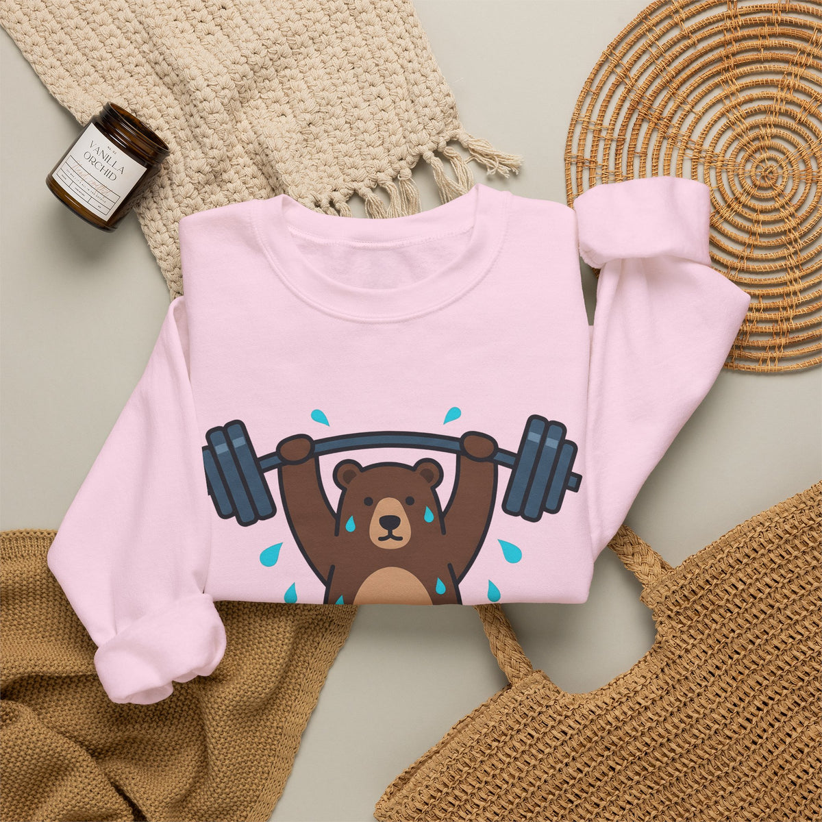 Bear Lifting Sweatshirt Fitness Workout Gift Women Comic Sweatshirt Grizzly Sweatshirt Gym Enthusiast Cartoon Sweatshirt Exercise Graphic Simple Weights Sweatshirt