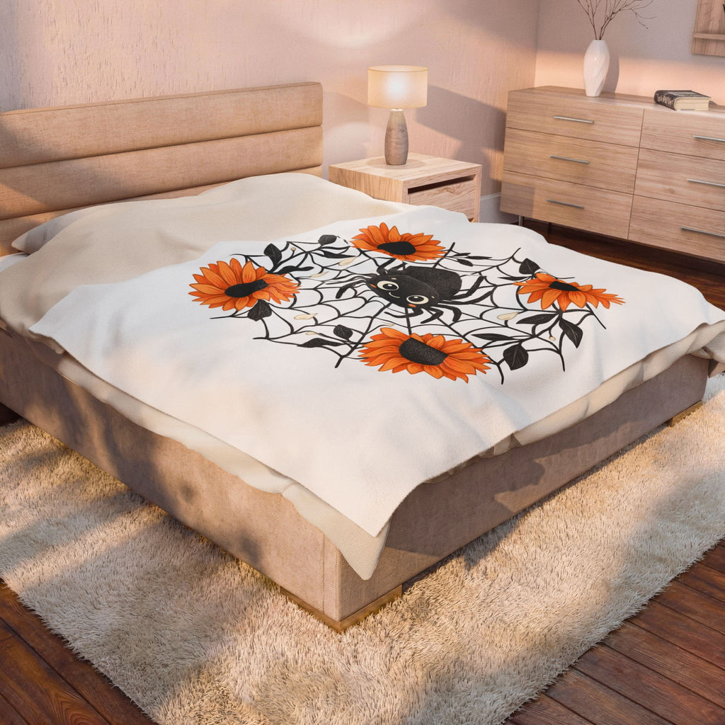 Spider Web Sunflower Blanket Boho Chic Autumn Gift Women Cartoon Blanket Sunflower Blanket Hippie Fan Comic Blanket Fall Graphic Doodle Petal