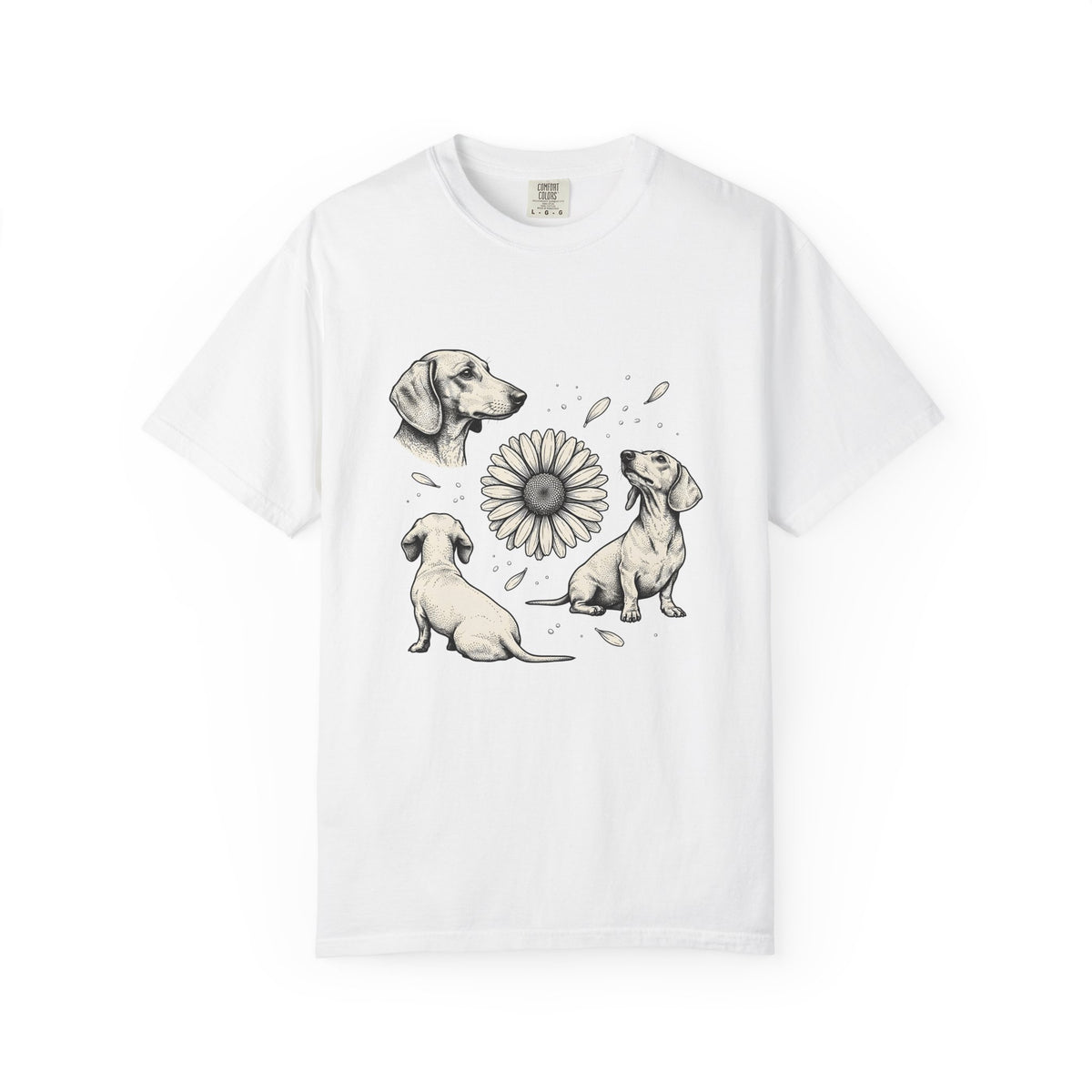 Dachshund Dog T-Shirt Dog Floral Gift Women Hand Drawn T-Shirt Wiener Dog T-Shirt Dog Fan Illustrated Design Vintage Daisy Flower T-Shirt