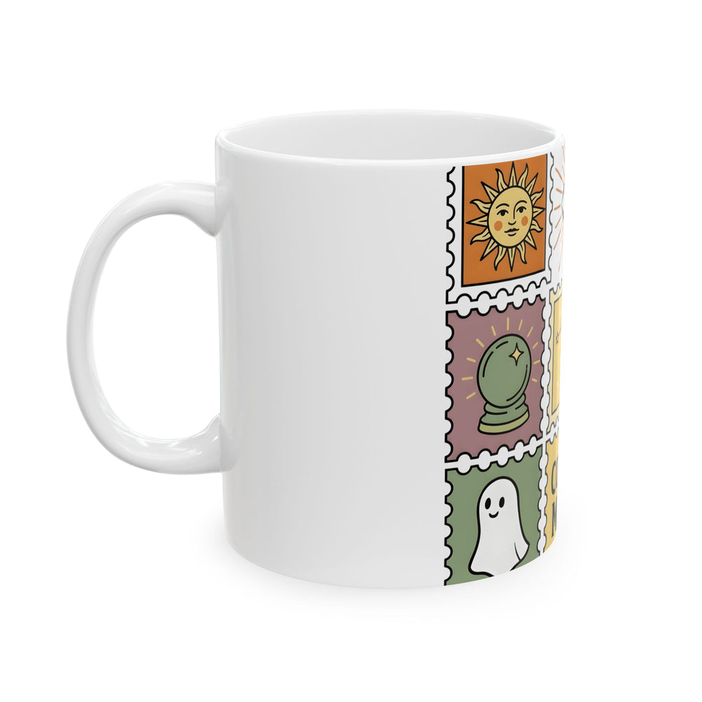 Magic Stamps Mug Halloween Zodiac Gift Women Hippie Mug Rubber Stamp Mug Horror Fan Psychedelic Mug Astrology Graphic Vintage
