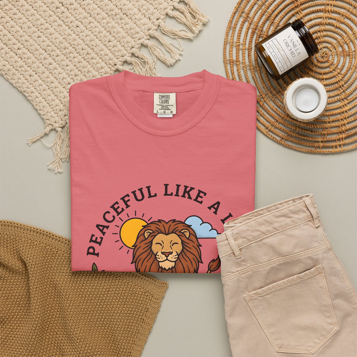 Meditating Lion T-Shirt Yoga Mindfulness Gift Women Cartoon T-Shirt Lioness T-Shirt Yoga Enthusiast Comic T-Shirt Meditation Graphic Minimalist Sun