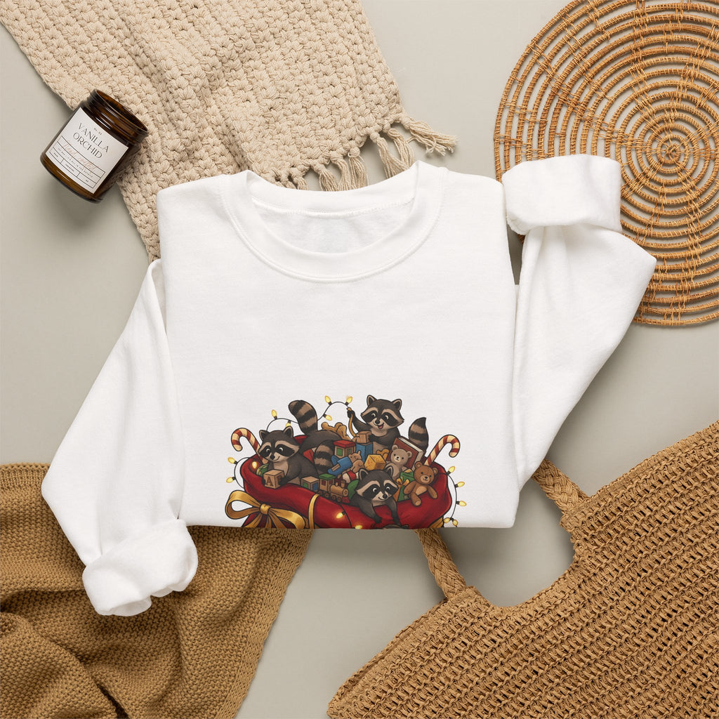 Raccoon Toy Sack Sweatshirt Christmas Animals Gift Women Cute Sweatshirt Trash Panda Sweatshirt Xmas Fan Critter Graphic Sweatshirt Hand Drawn Fairy Lights