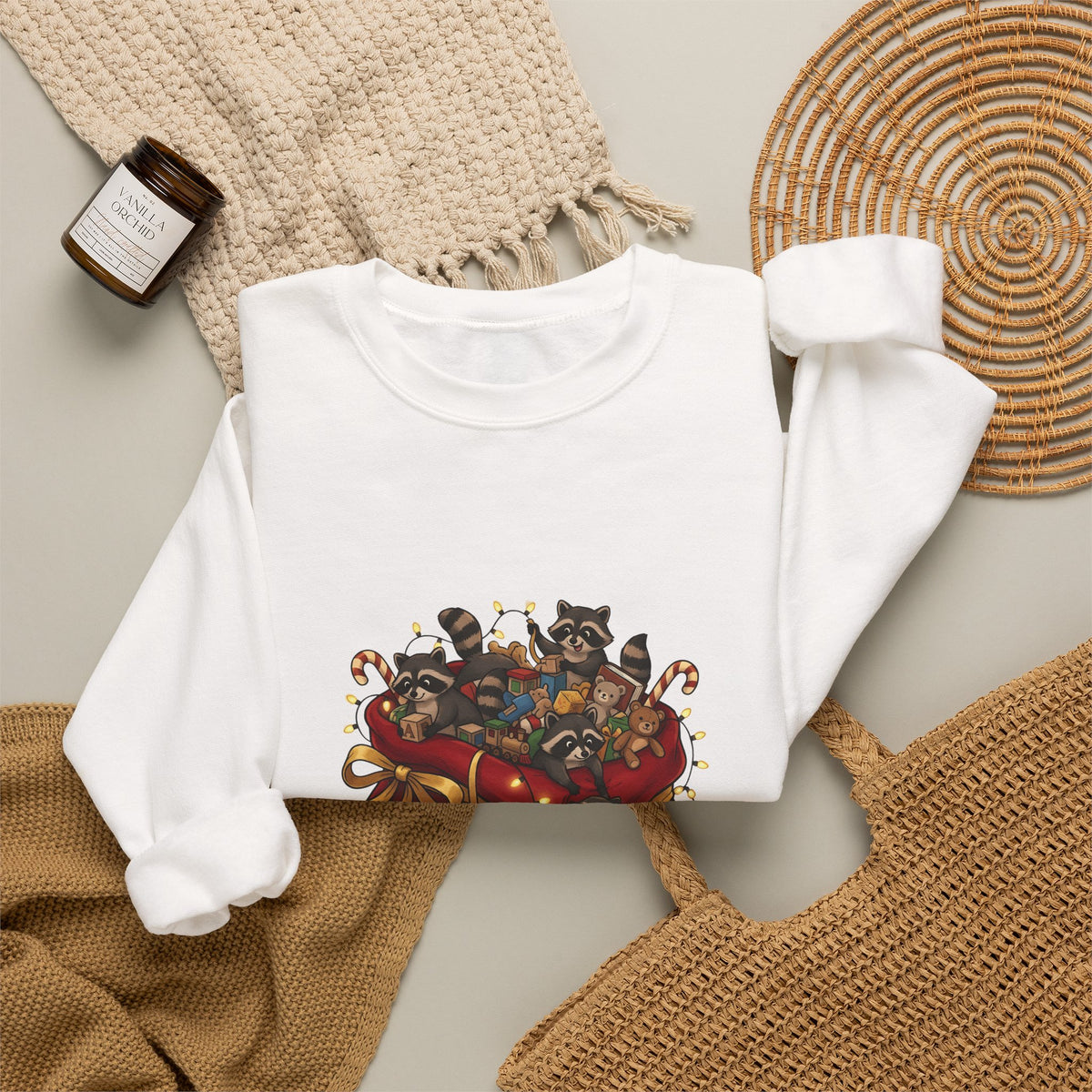 Raccoon Toy Sack Sweatshirt Christmas Animals Gift Women Cute Sweatshirt Trash Panda Sweatshirt Xmas Fan Critter Graphic Sweatshirt Hand Drawn Fairy Lights