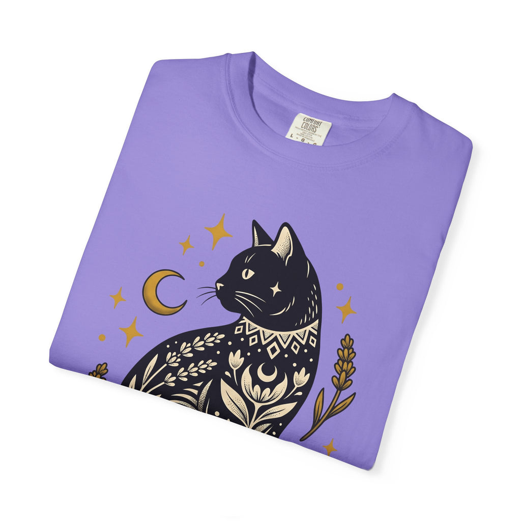 Astral Cat T-Shirt Boho Chic Esoteric Gift Women Ethnic T-Shirt Celestial Cat T-Shirt Bohemian Fan Tribal T-Shirt Mystical Graphic Sleek Moonlight