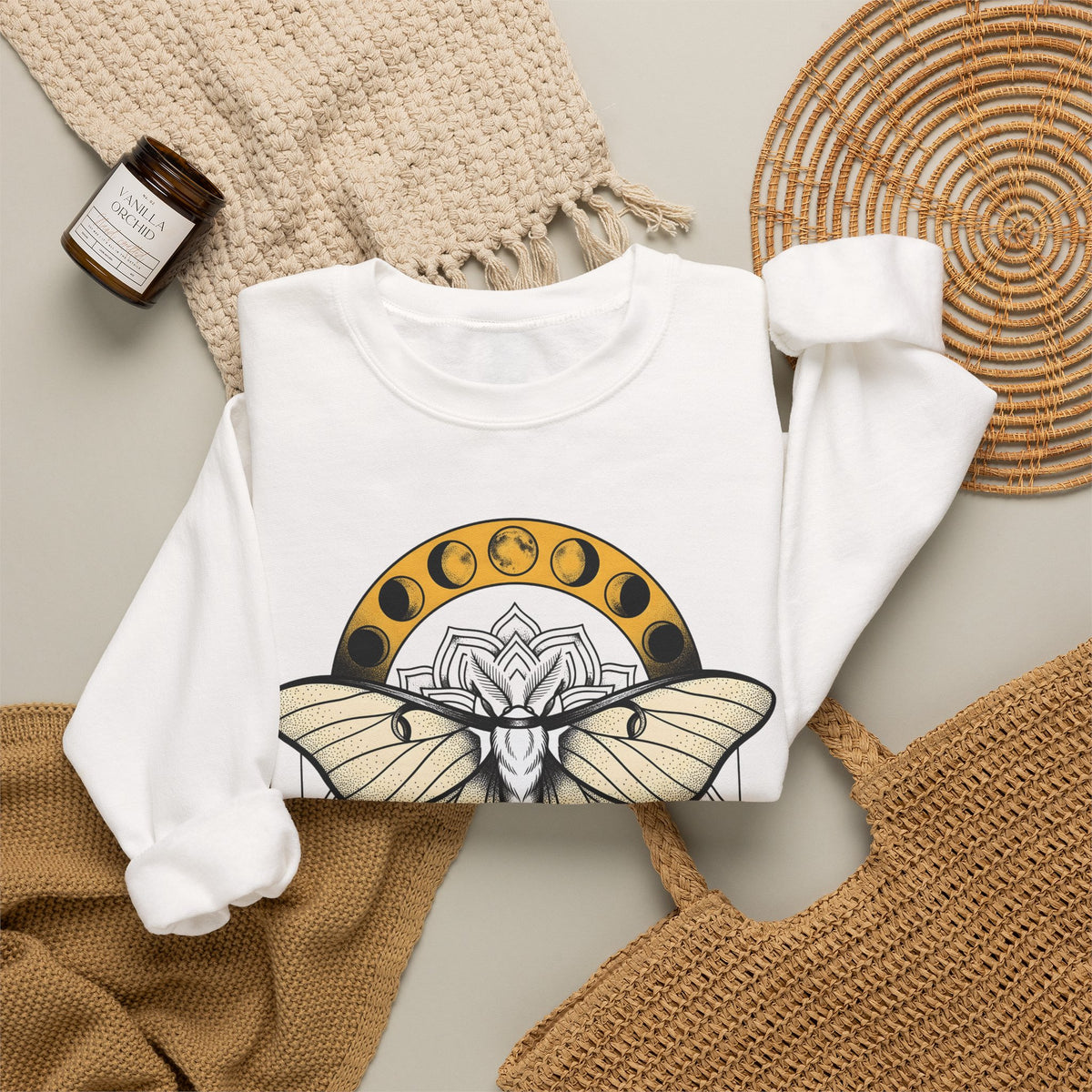 Luna Moth Sweatshirt Boho Chic Mystical Gift Women Mandala Sweatshirt Moon Moth Sweatshirt Hippie Fan Sacred Sweatshirt Spiritual Graphic Line Art Moon Phases