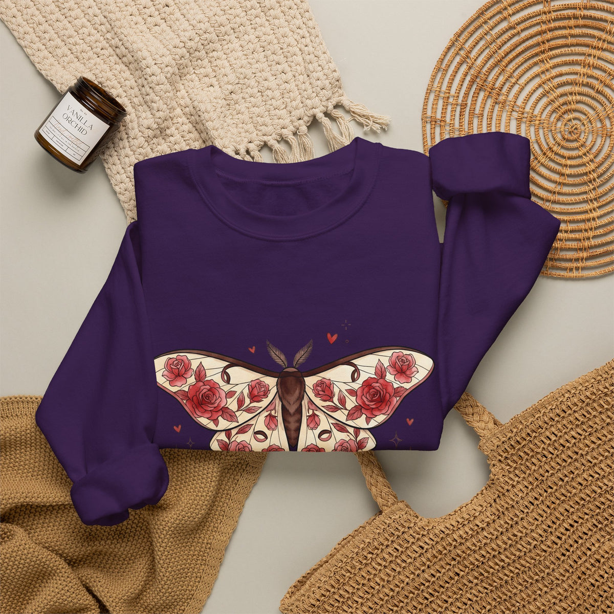 Moth Rose Sweatshirt St. Valentine's Day Floral Gift Women Boho Sweatshirt Rose Sweatshirt Valentine Fan Bohemian Sweatshirt Floral Graphic Tattoo Ribbon
