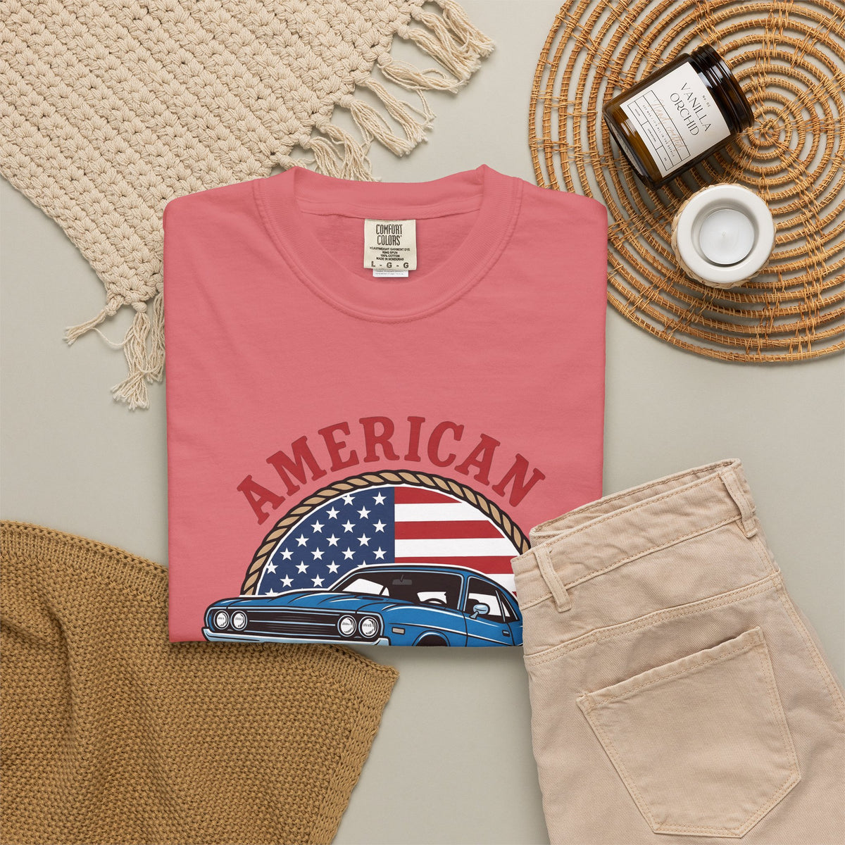 Muscle Car T-Shirt America Automotive Gift Women Vintage T-Shirt Hot Rod T-Shirt Patriot Enthusiast Classic T-Shirt Car Graphic Retro American Flag