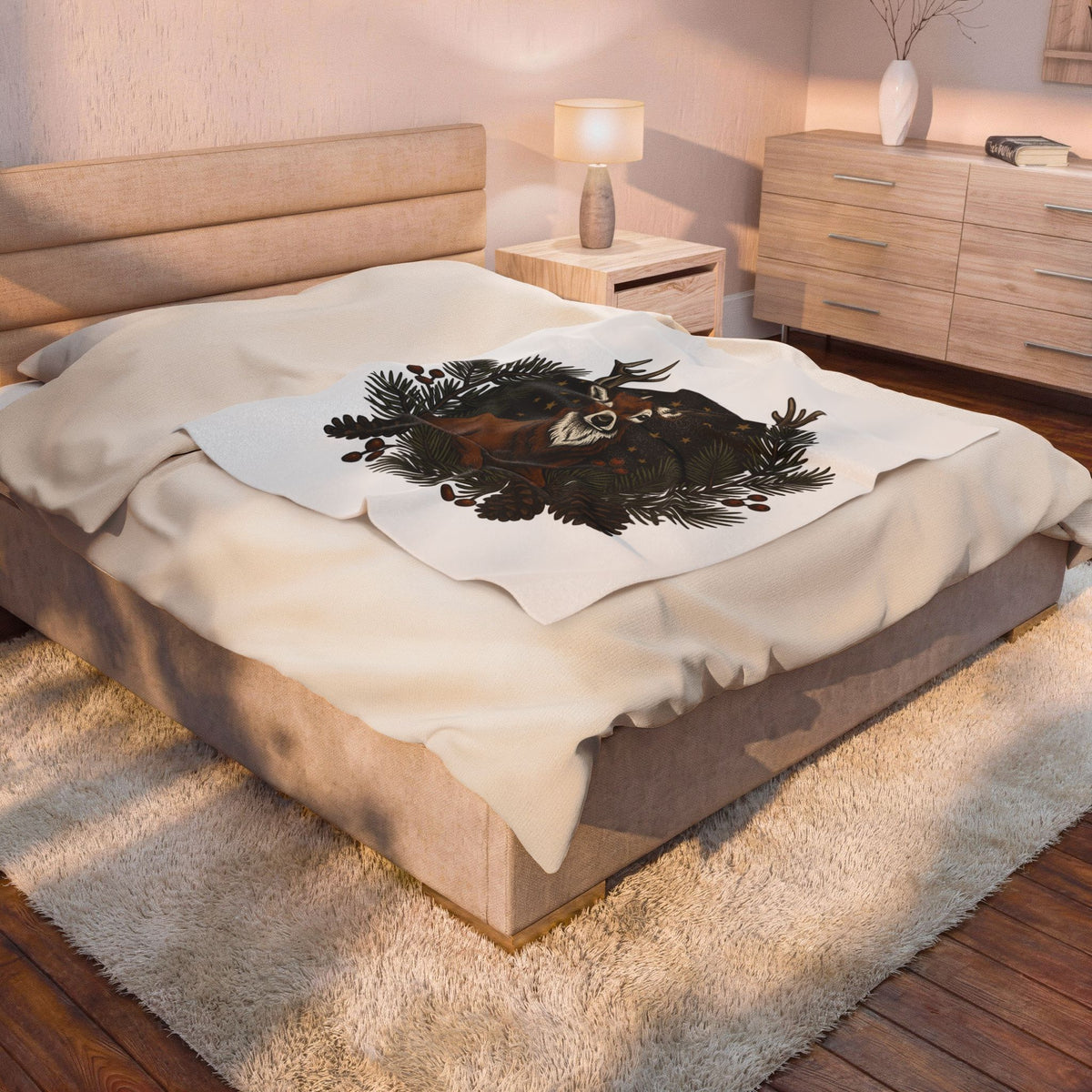 Elk Design Blanket Woodland Festive Gift Women Old School Blanket Moose Blanket Forest Fan Vintage Blanket Holiday Graphic Outline Pine Cone Blanket