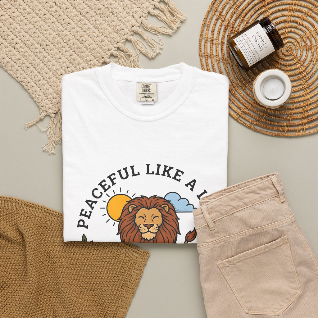 Meditating Lion T-Shirt Yoga Mindfulness Gift Women Cartoon T-Shirt Lioness T-Shirt Yoga Enthusiast Comic T-Shirt Meditation Graphic Minimalist Sun