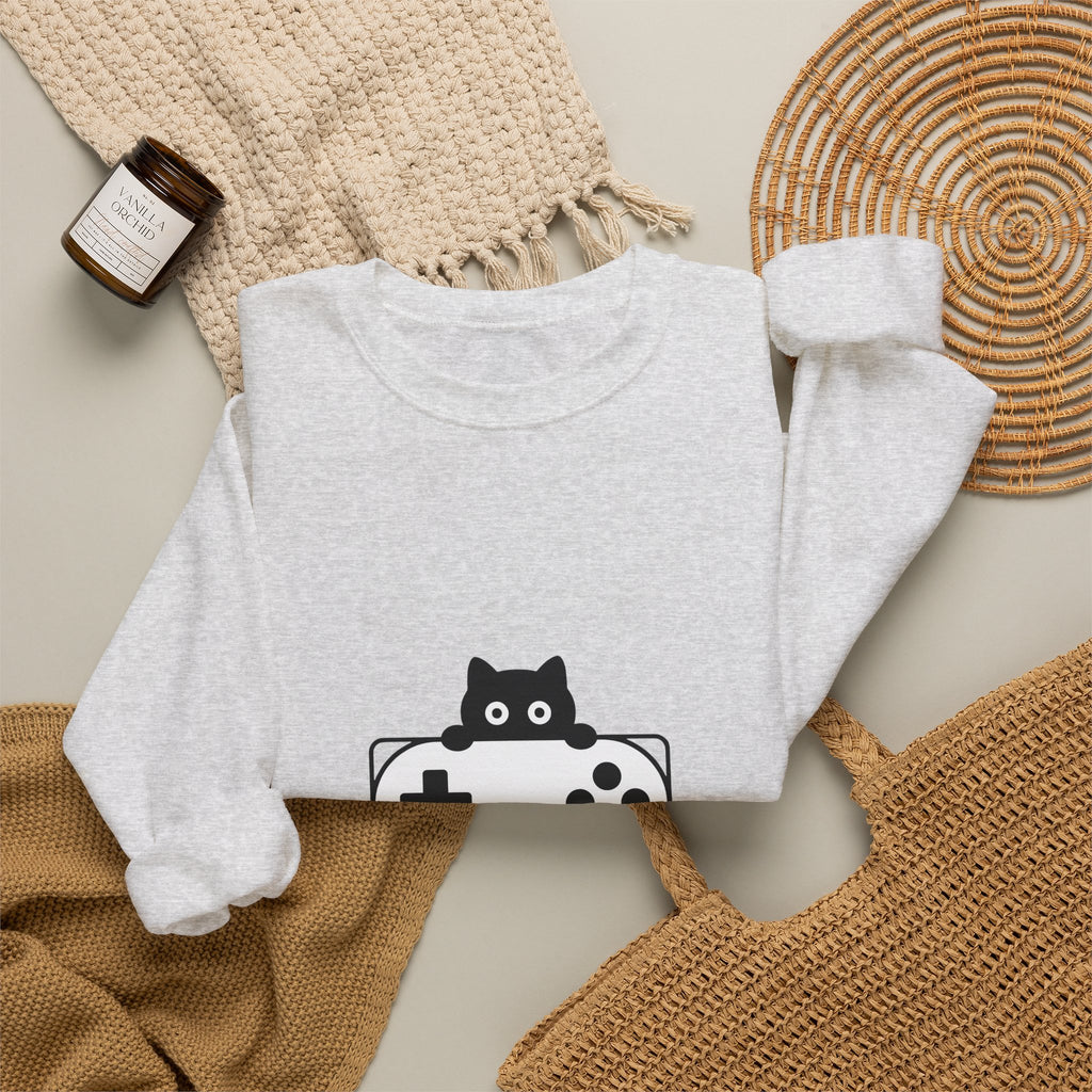 Cat Game Controller Sweatshirt Cat Gaming Gift Women Minimalist Sweatshirt Gamepad Sweatshirt Feline Fan Gamer Graphic Gamer Design Modern Video Game