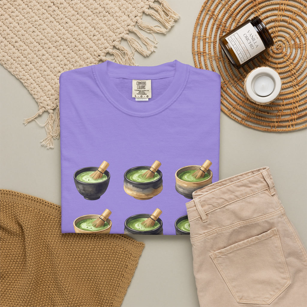 Green Tea Bowls T-Shirt Drinks Infusion Gift Women Gouache T-Shirt Tea Bowls T-Shirt Beverage Fan Watercolor T-Shirt Steeped Graphic Simple Wooden