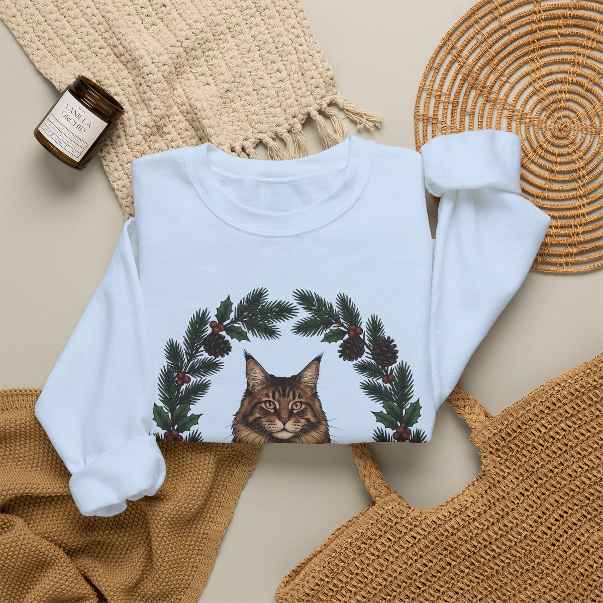 Maine Coon Kitten Sweatshirt Cat Holiday Gift Women Floral Sweatshirt Kitten Sweatshirt Cat Fan Fancy Sweatshirt Christmas Graphic Retro Pine Twigs Sweatshirt